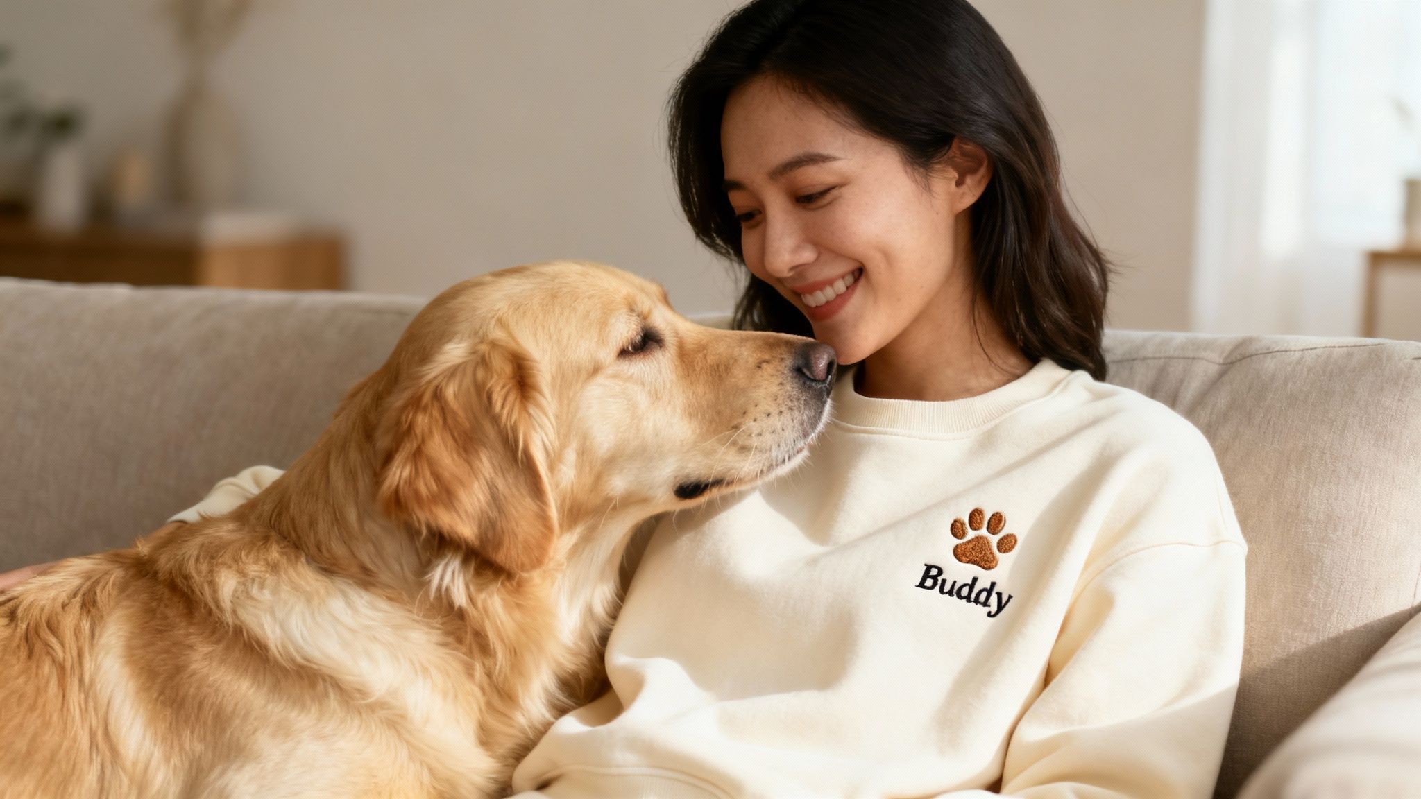 A smiling woman in a sweatshirt with a paw print and 'Buddy' embraces a golden retriever.