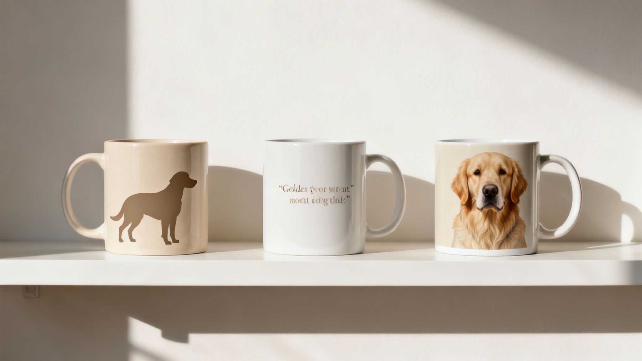 Three mugs on a white shelf feature different Golden Retriever designs, including a silhouette, text, and a portrait.