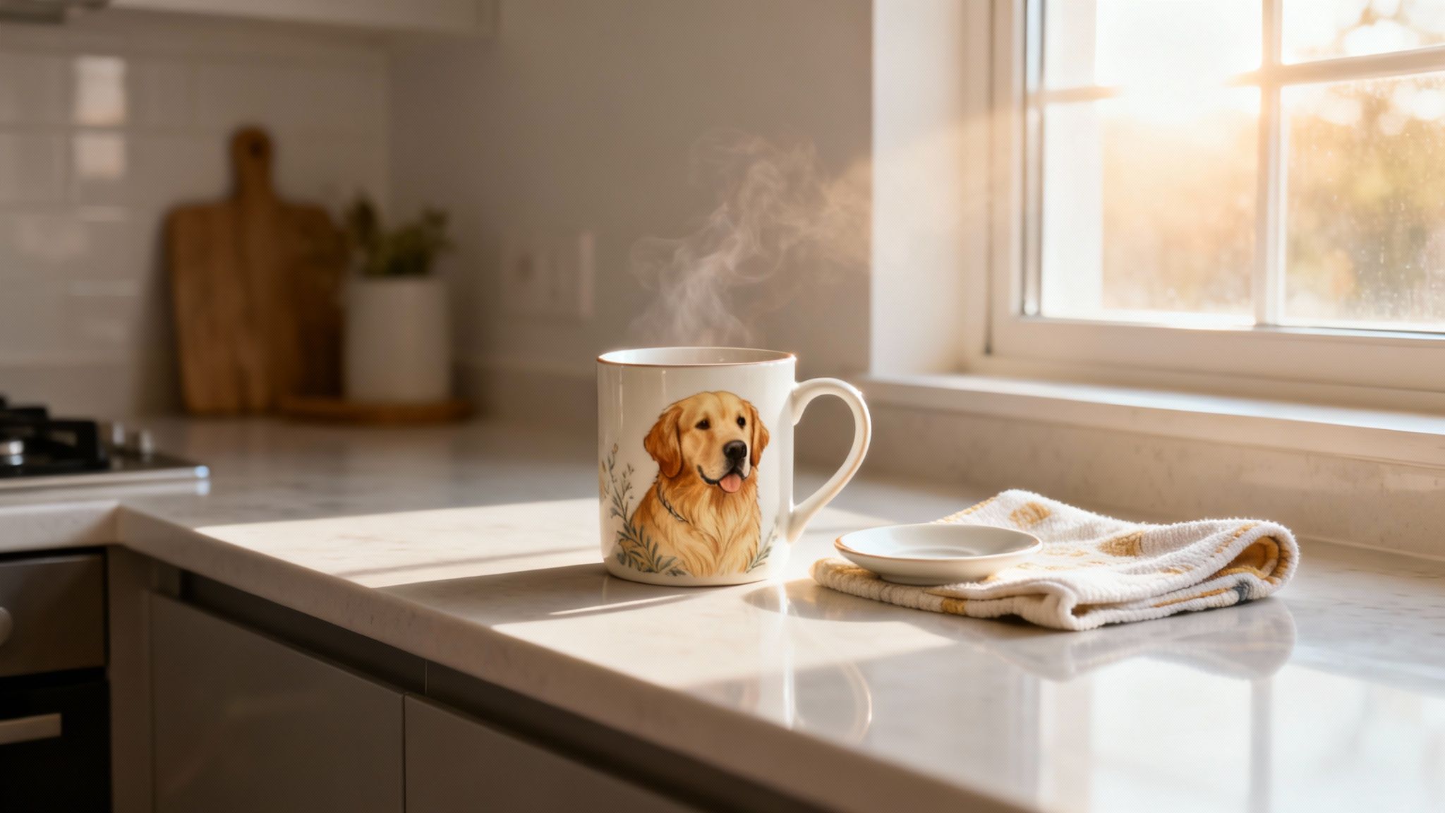A steaming mug featuring a golden retriever design sits on a bright kitchen counter with sunlight.