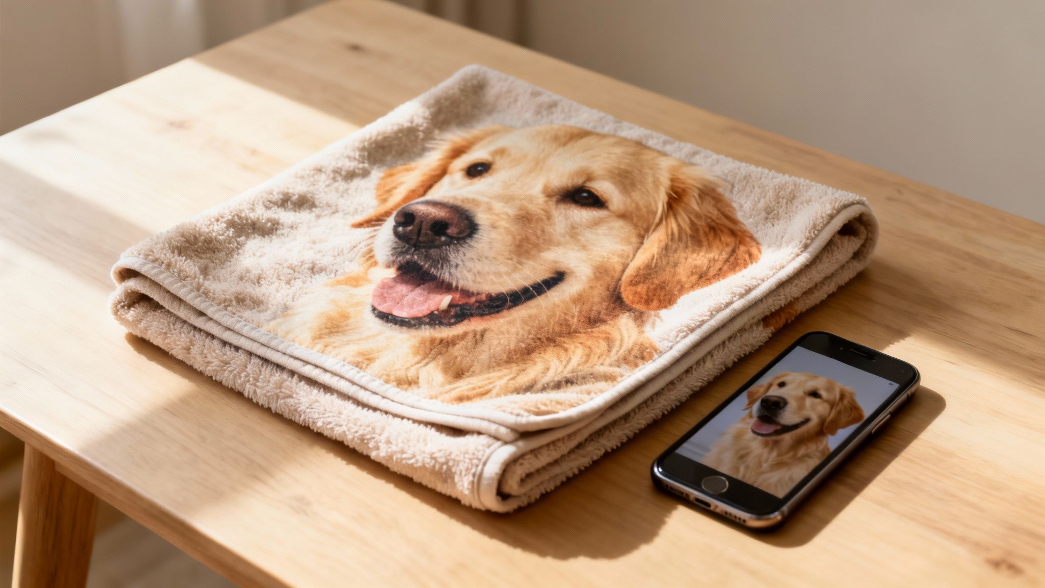 Custom-printed towel featuring a happy Golden Retriever dog next to a smartphone displaying its photo.