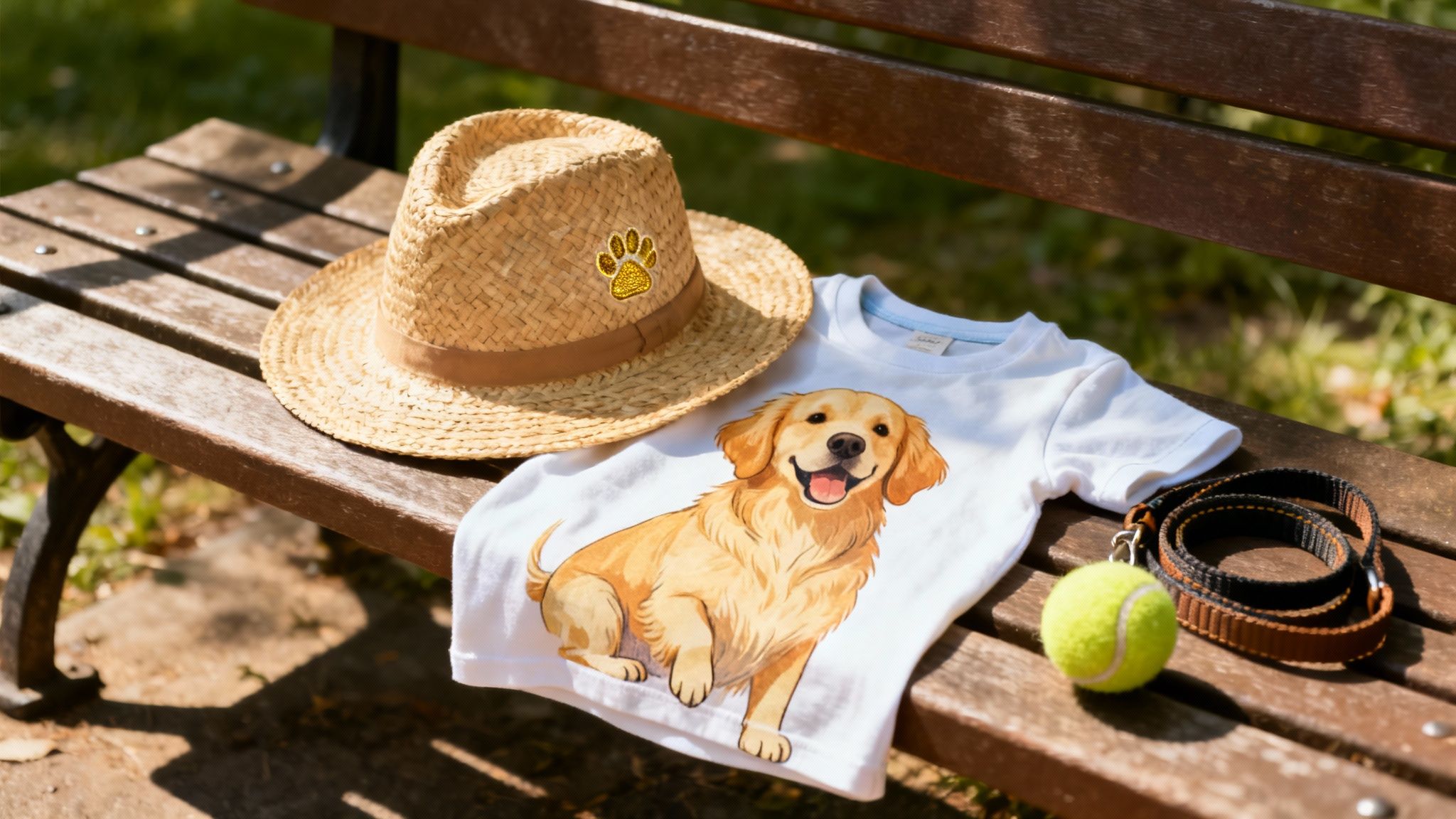 Personalized dog lover gifts: a paw print straw hat, golden retriever shirt, tennis ball, and leash on a bench.