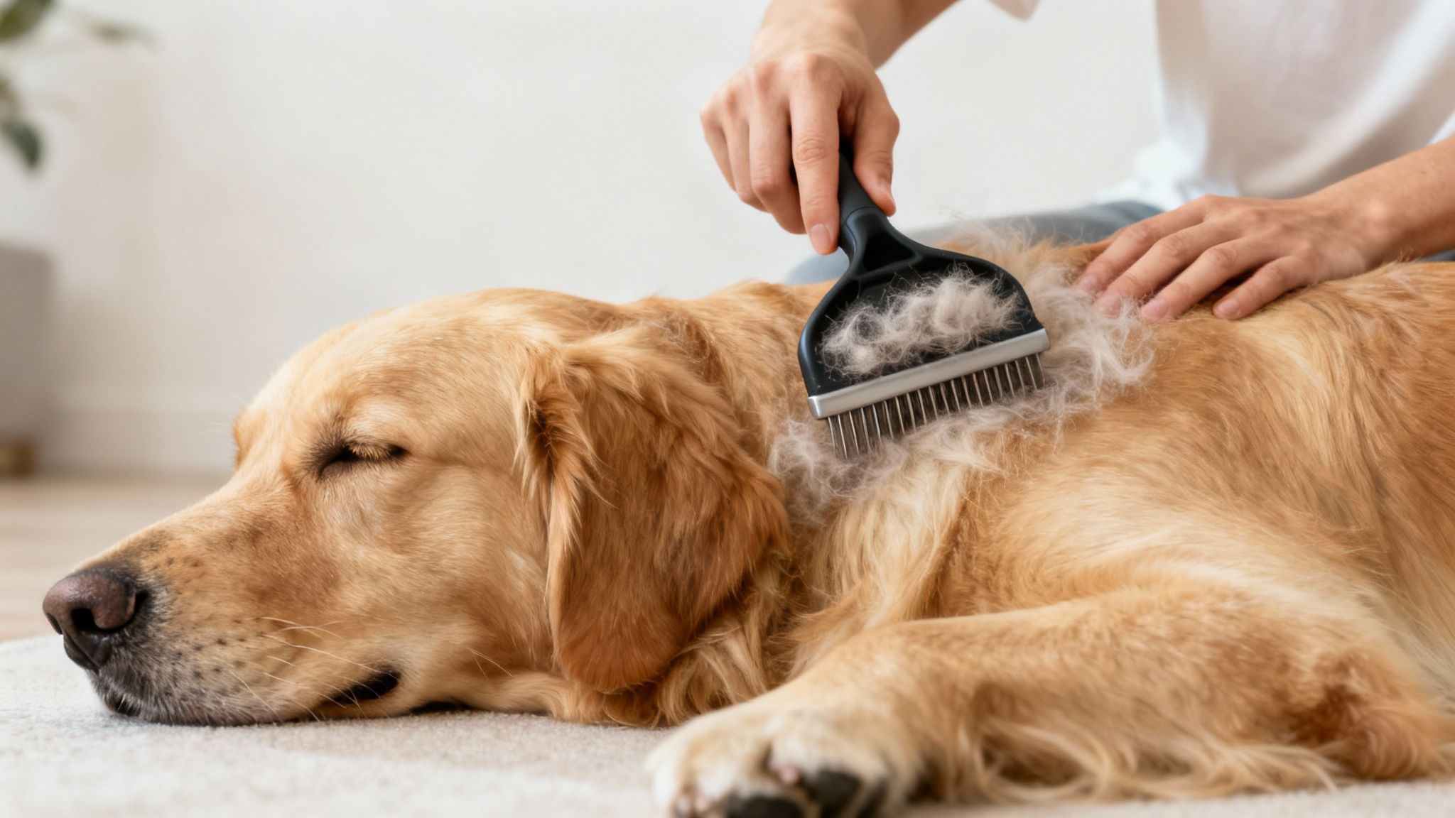A person gently brushes a relaxed golden retriever dog, removing loose fur with a de-shedding tool.