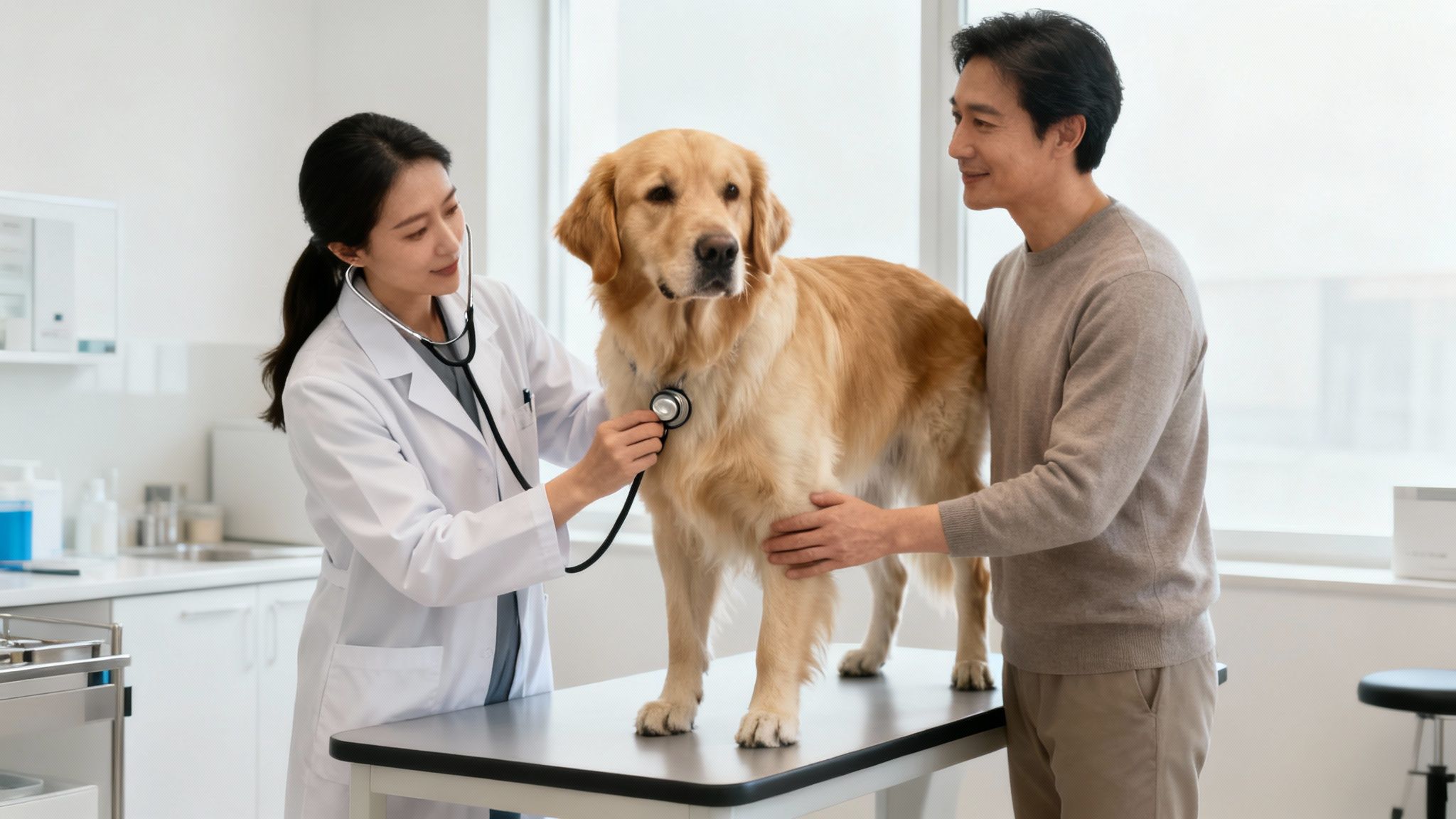 A female veterinarian uses a stethoscope to examine a golden retriever on an exam table.