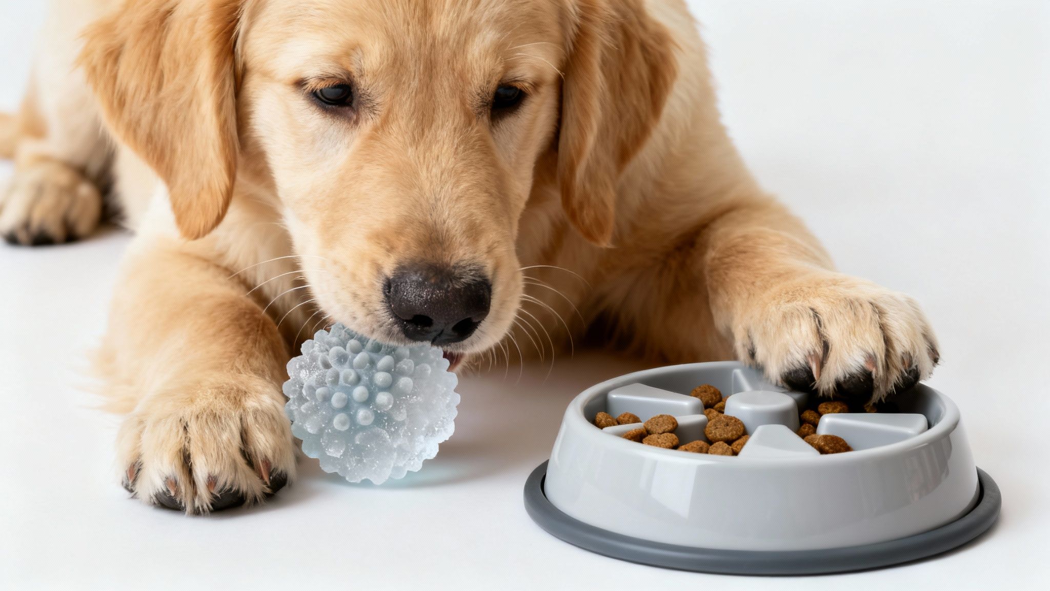 Golden retriever puppy chewing a blue toy beside a grey slow feeder dog bowl.