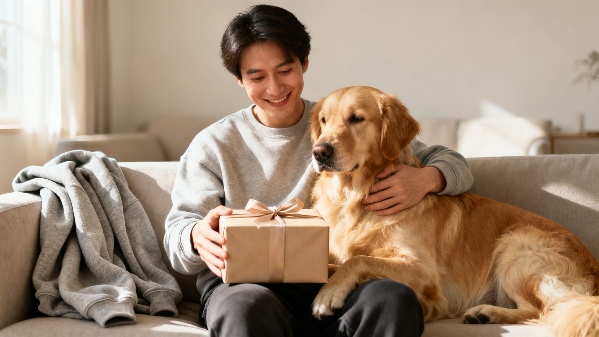 A man happily hugging his Golden Retriever dog while holding a gift box on a living room couch.