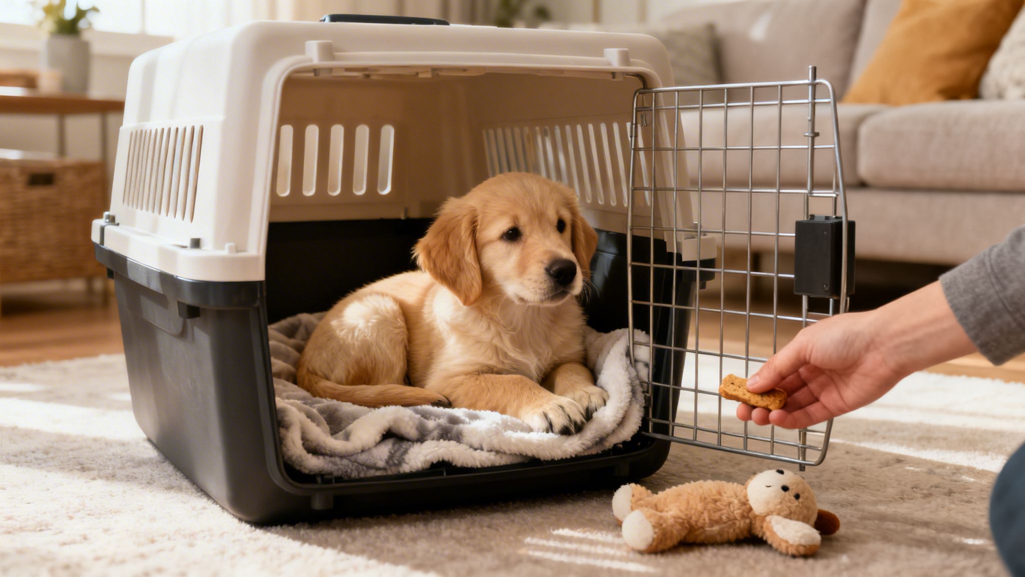 A golden retriever puppy lies inside a pet carrier on a soft blanket, looking at a hand offering a treat.