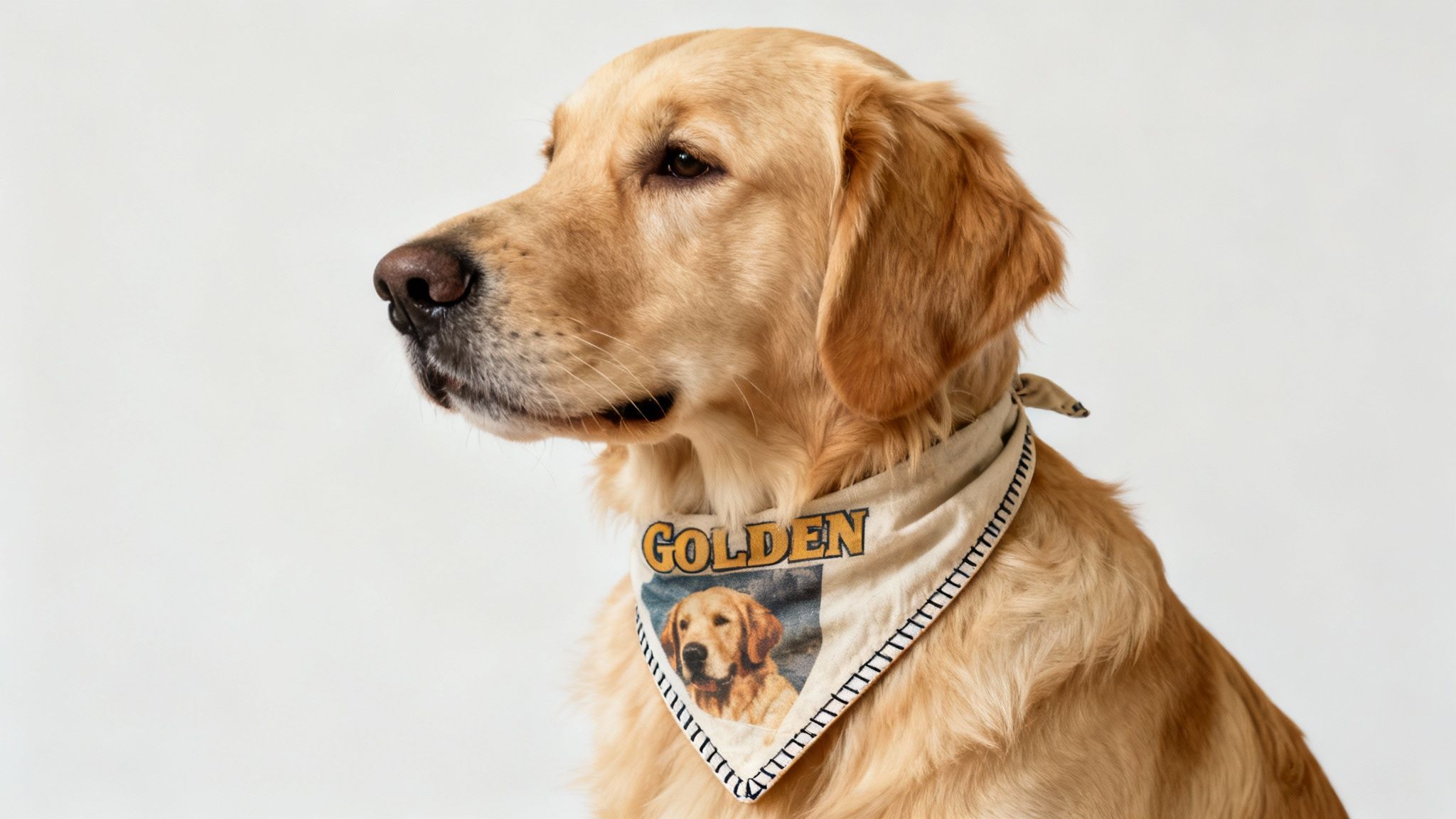 A golden retriever dog wearing a bandana with 'GOLDEN' text and a dog picture, looking left on a white background.
