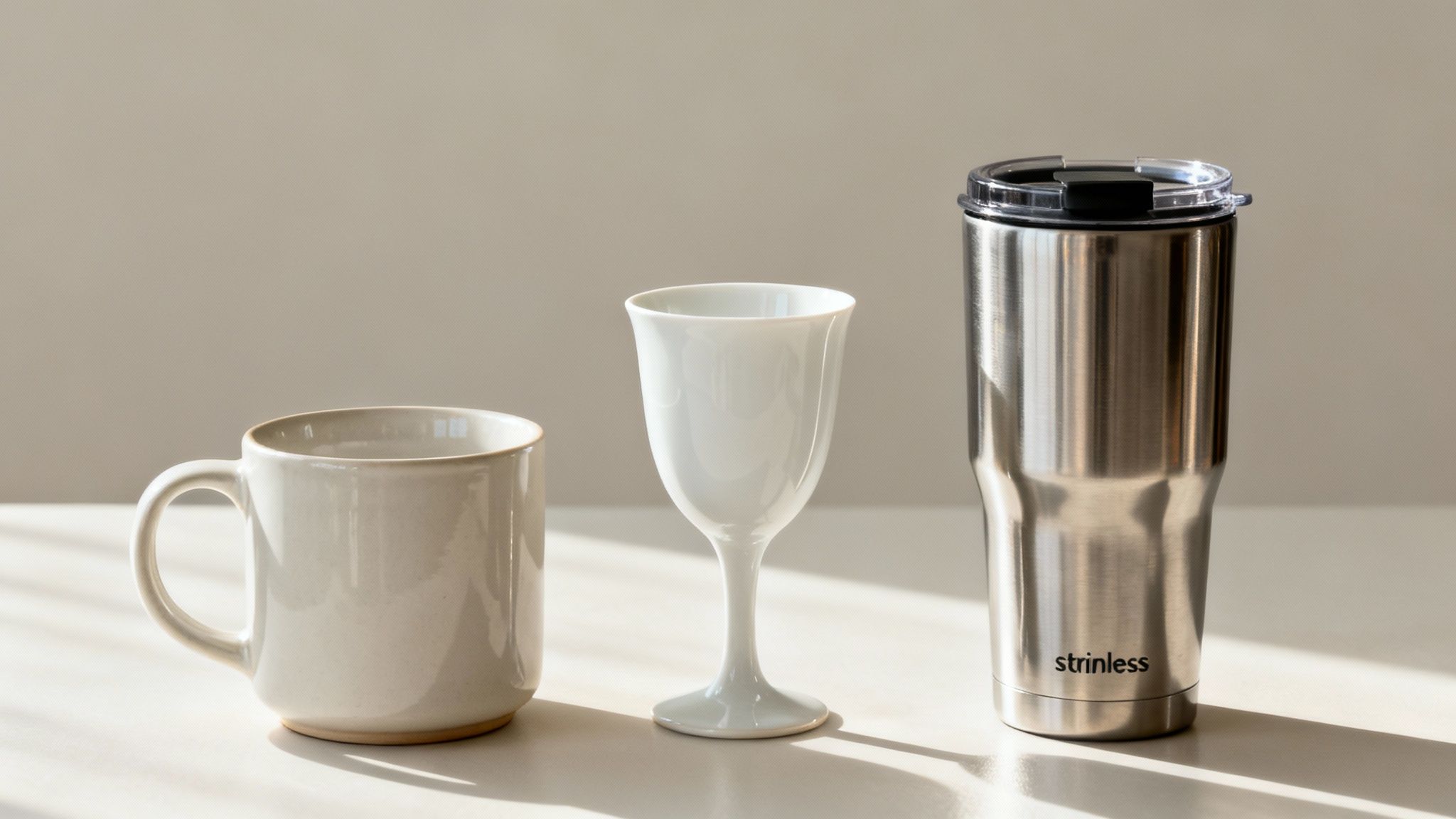 Three different drinkware items: a ceramic mug, a white goblet, and a silver tumbler.