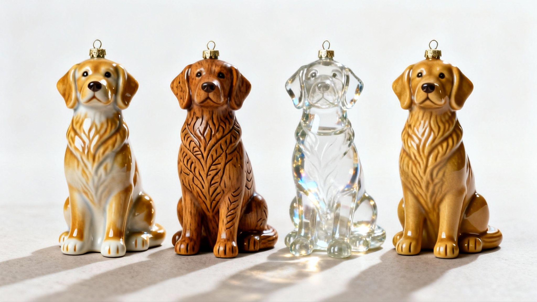 Four distinct golden retriever dog ornaments crafted from ceramic, carved wood, and glass materials.