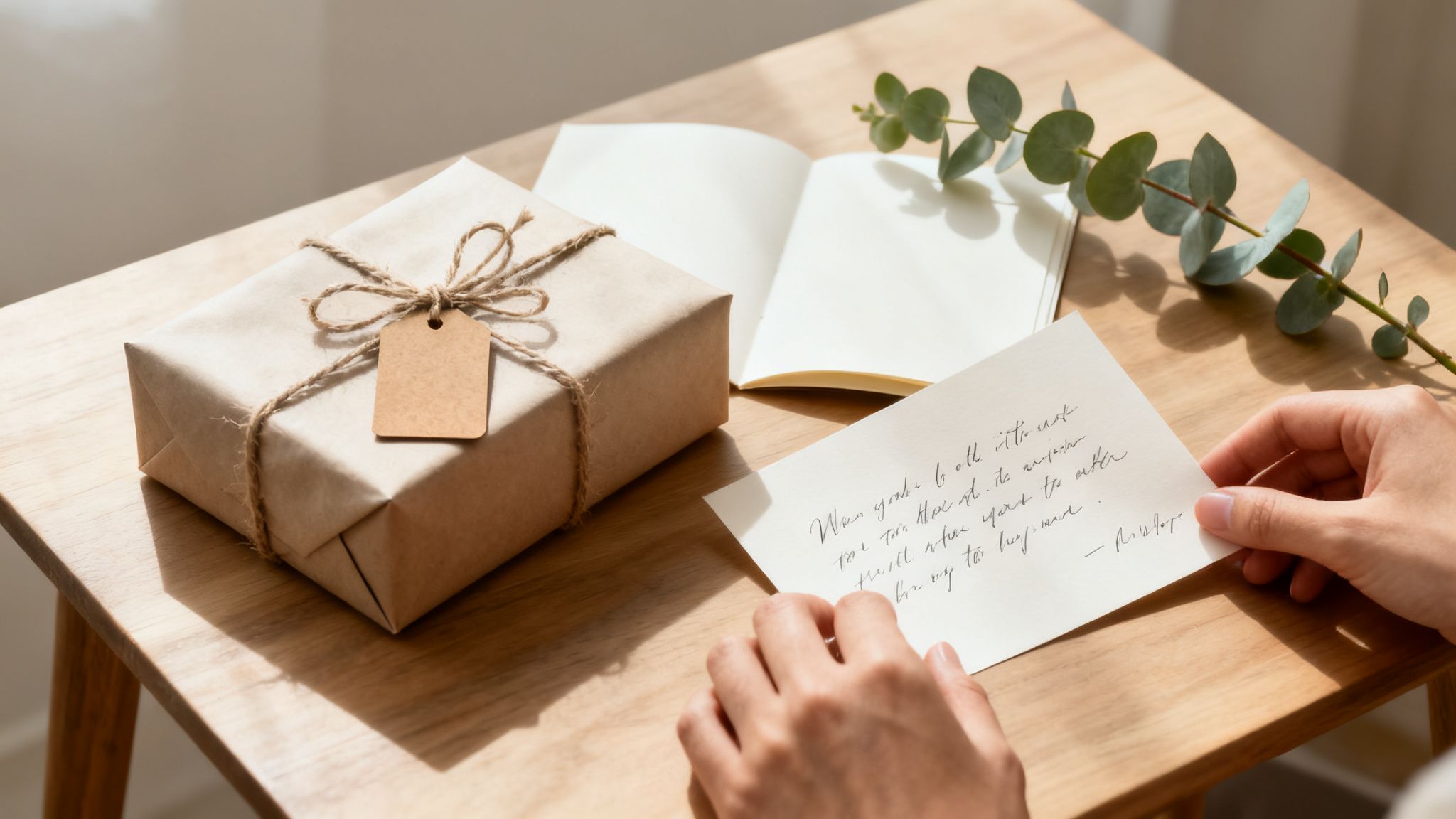 Hands hold a handwritten note beside a kraft paper gift, an open journal, and a eucalyptus branch.