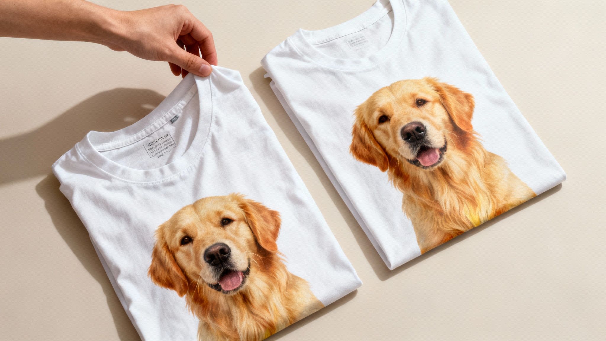 Two white t-shirts with golden retriever dog prints, one being adjusted by a hand.