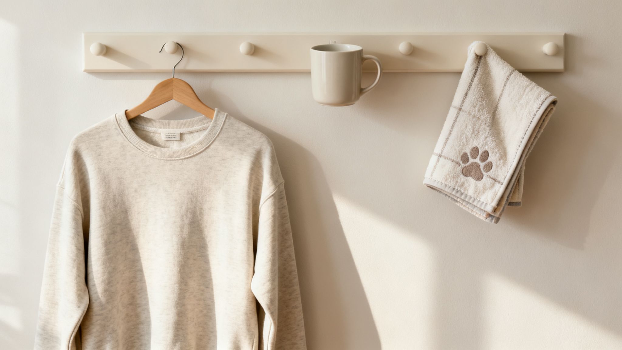 A cozy beige sweatshirt, a ceramic mug, and a paw-print towel on a white wall rack.