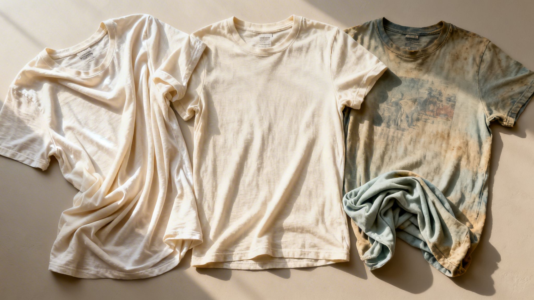 Three light-colored t-shirts, two cream and one blue-brown tie-dye, displayed on a light surface.