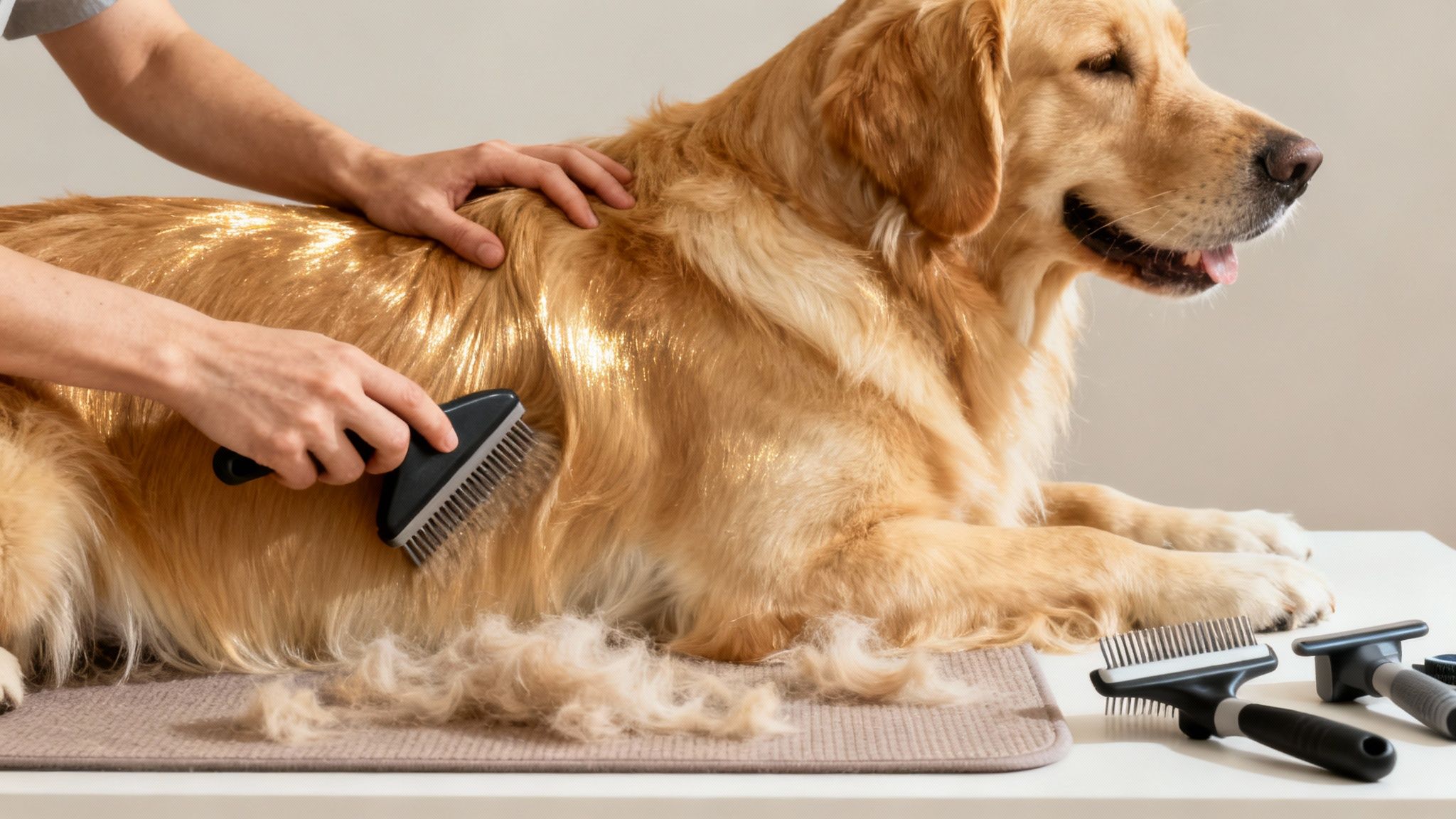 A person is gently brushing a Golden Retriever, removing loose fur, with grooming tools on a table.