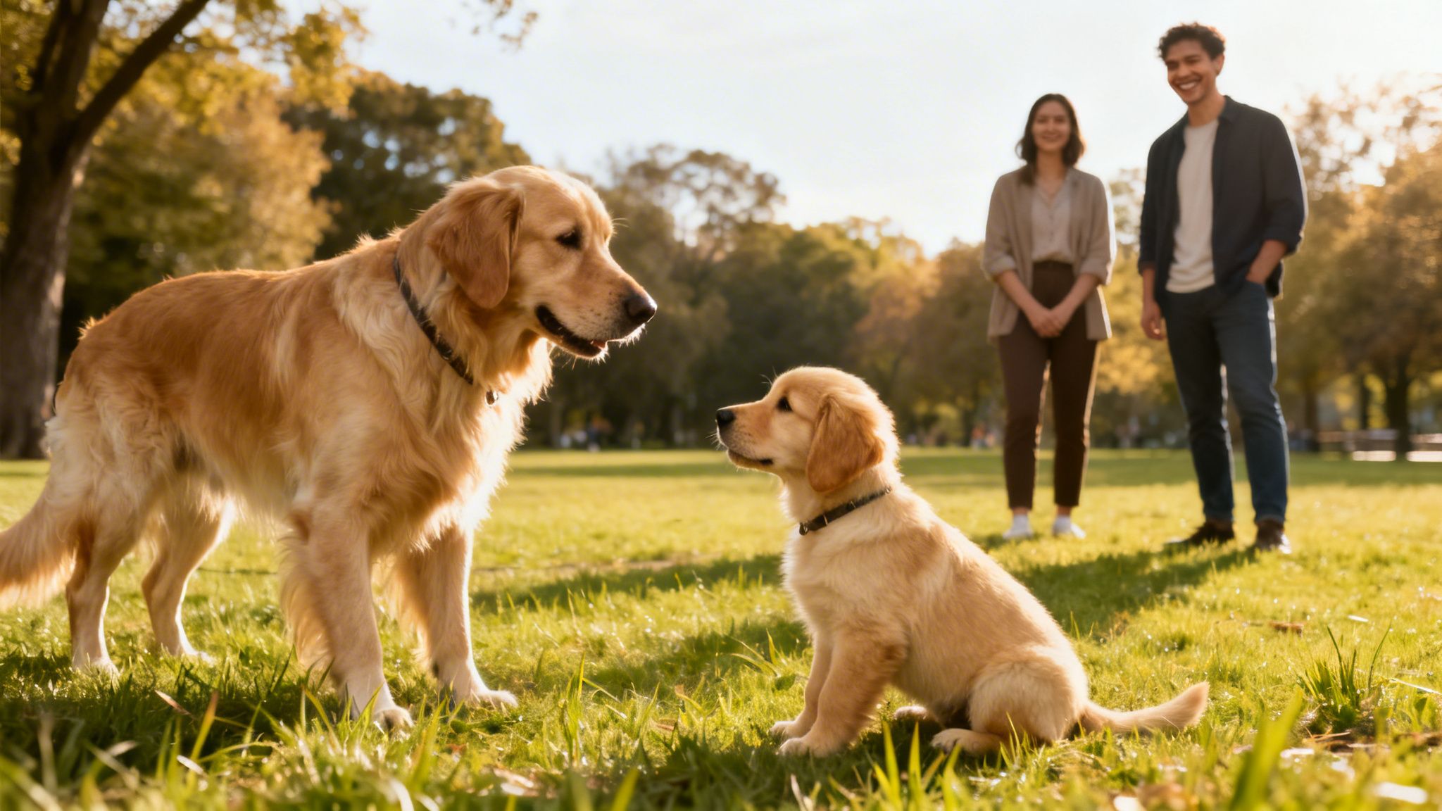Two golden retrievers, an adult and a puppy, facing each other in a sunny park, with a smiling couple in the background.