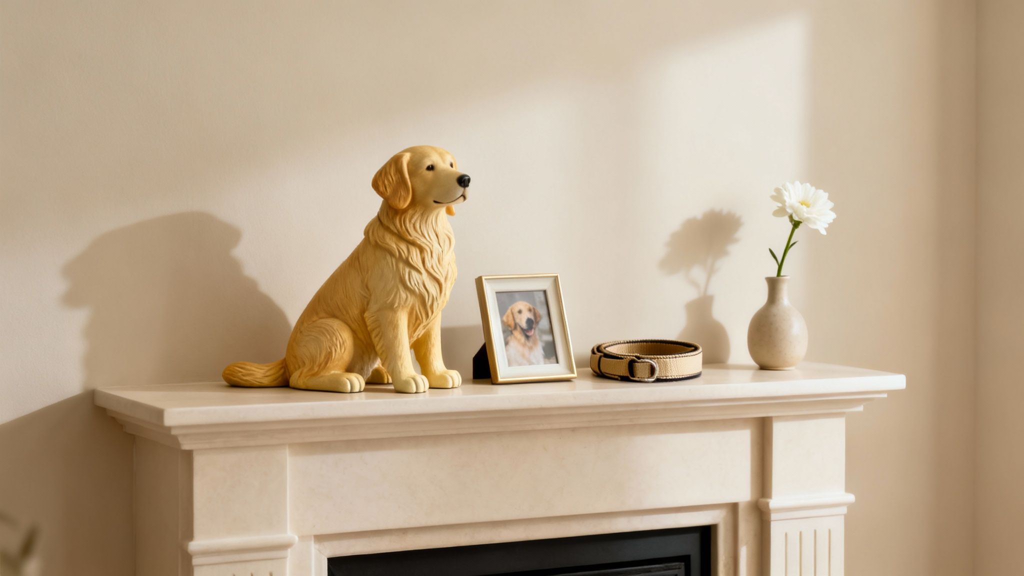 A fireplace mantelpiece adorned with a golden retriever figurine, a framed dog photo, a collar, and a white flower.