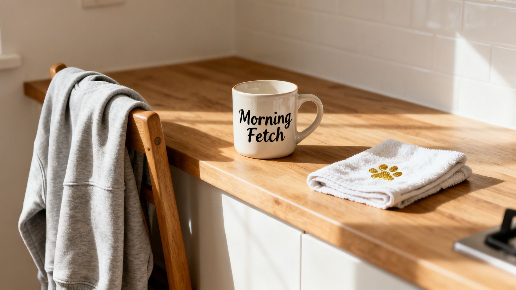 A 'Morning Fetch' mug and a paw print towel sit on a sunlit wooden kitchen counter.