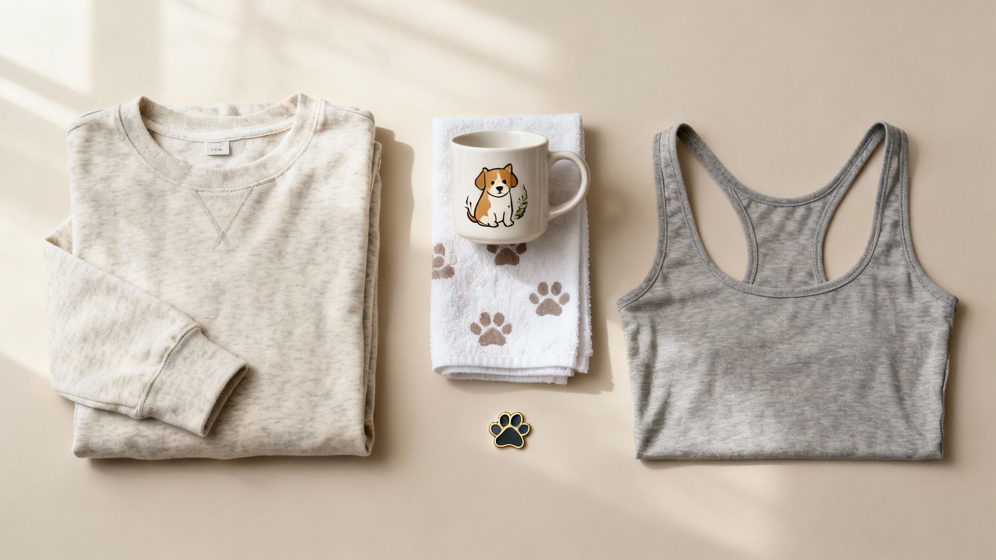 Flat lay of dog-themed apparel and accessories including a sweatshirt, tank top, mug, towel, and pin.