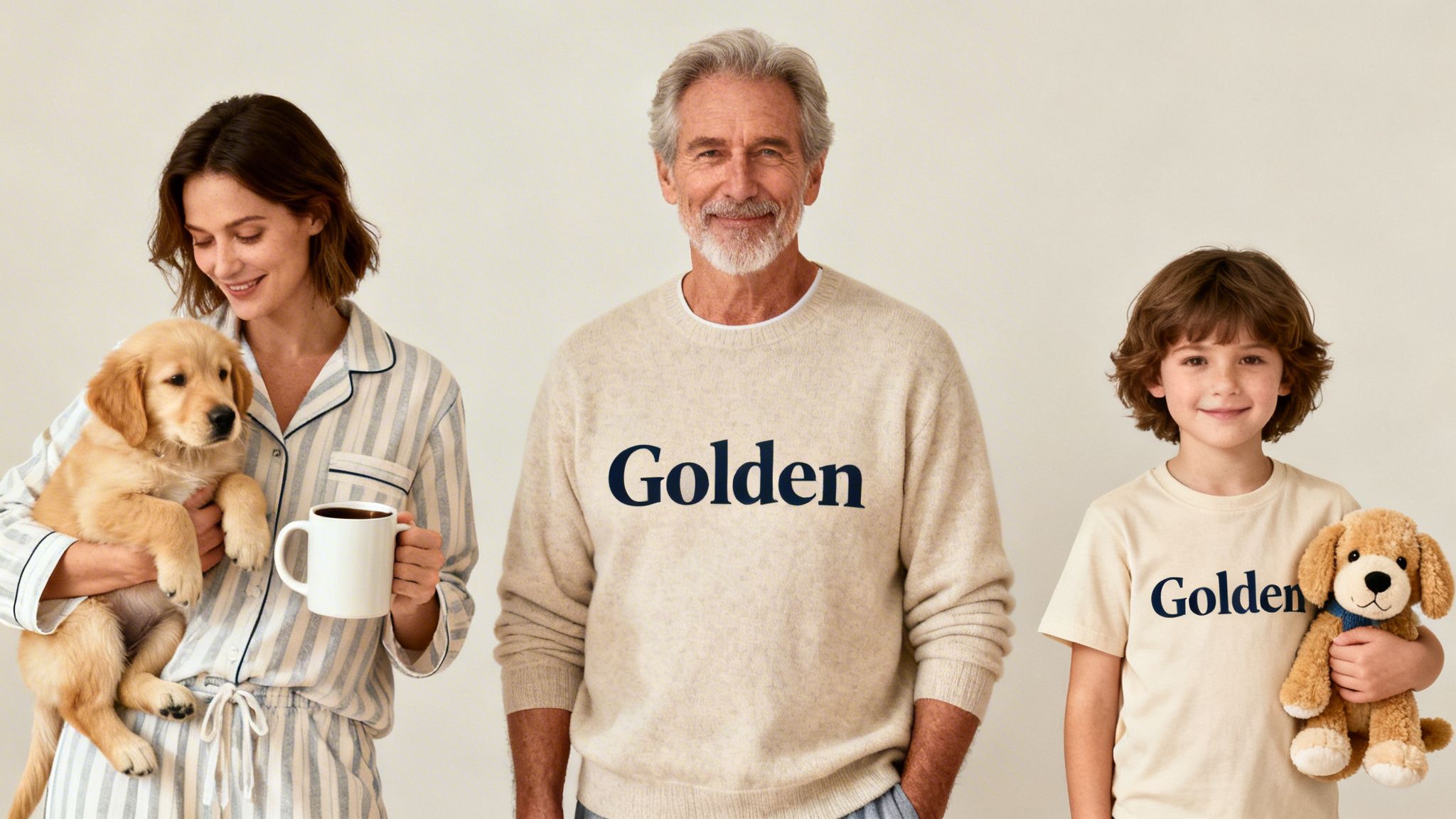 A happy family in matching "Golden" shirts with a golden retriever puppy and plush toy.