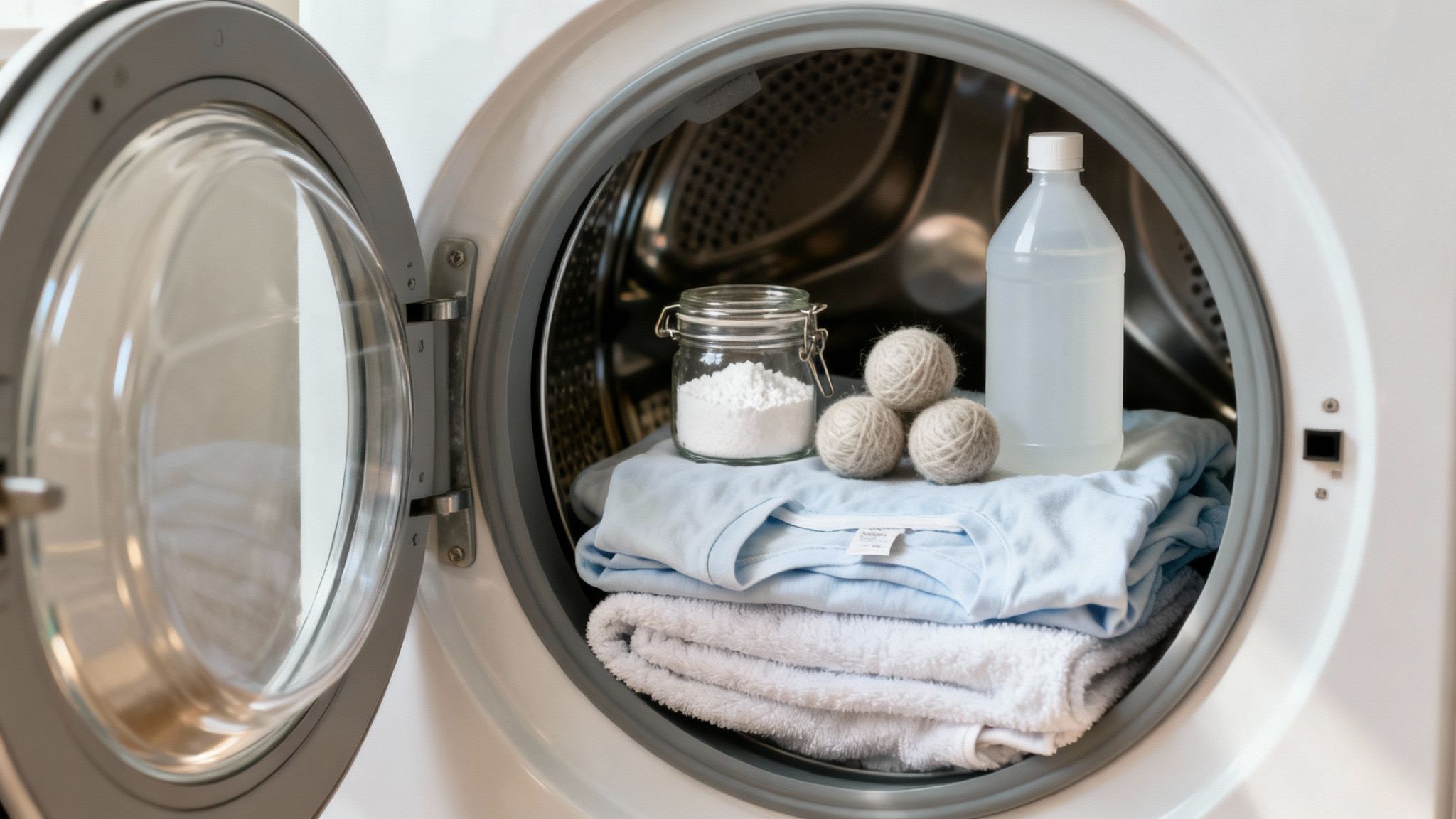 Open washing machine with natural laundry items: baking soda, vinegar, and wool dryer balls.