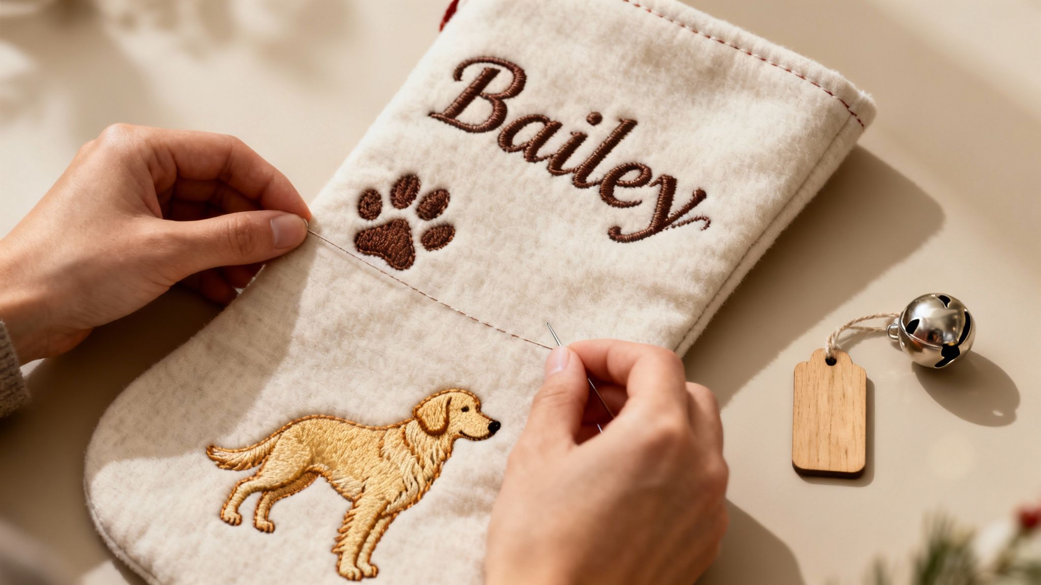 Hands carefully sewing a cream Christmas stocking embroidered with 'Bailey', a paw print, and a golden retriever.