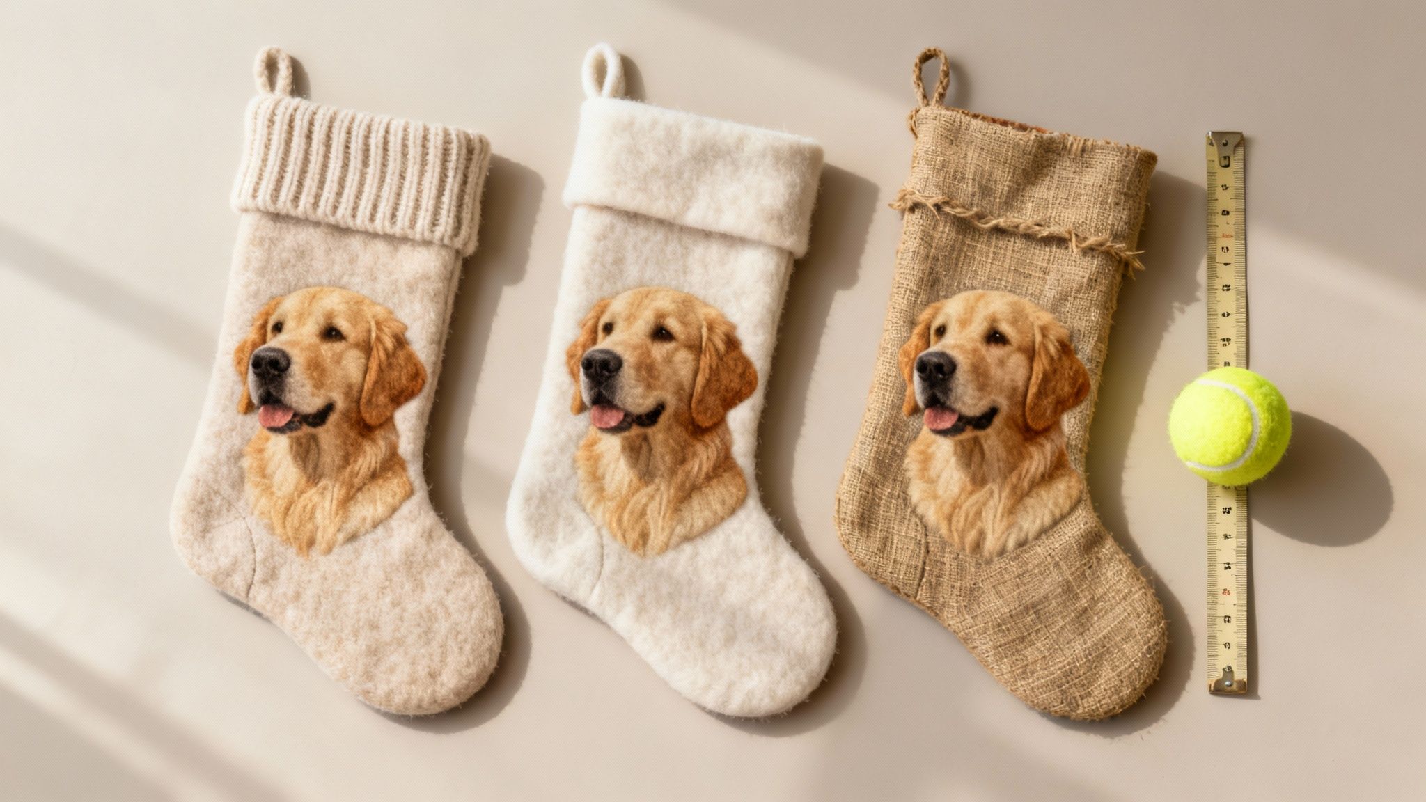 Three personalized Golden Retriever Christmas stockings: two white felt, one burlap, displayed with a tape measure and tennis ball.