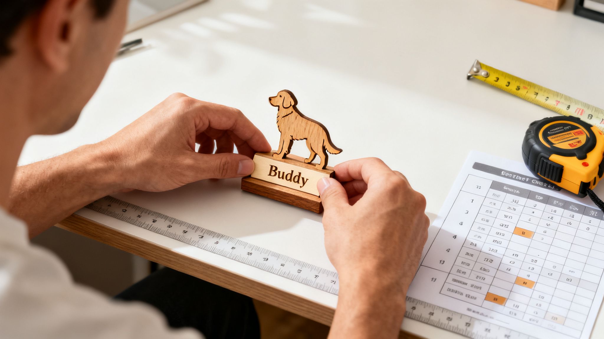 A person holds a wooden Golden Retriever dog figurine named 'Buddy' at a desk with measuring tools.