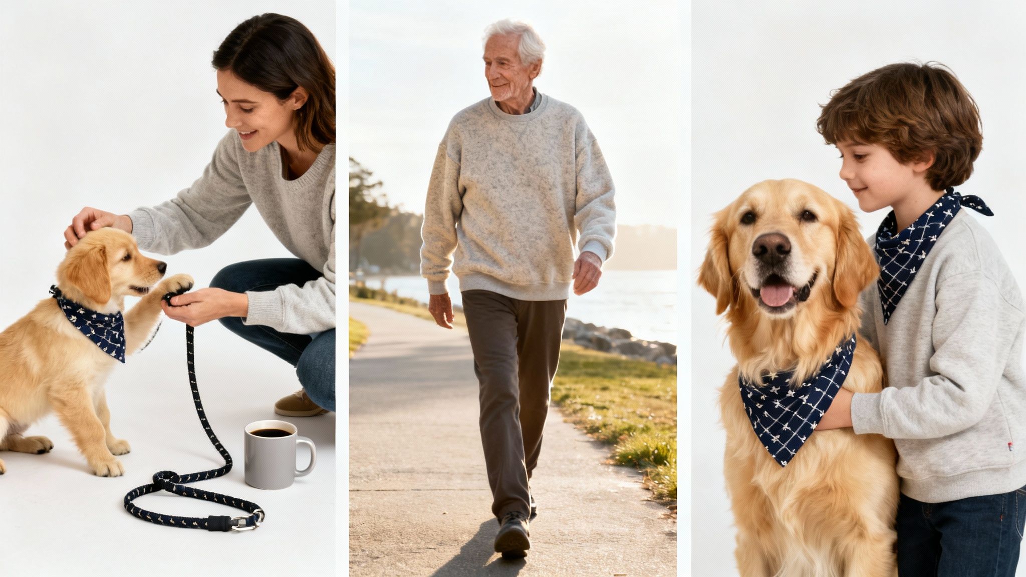 People of different ages enjoying time with golden retrievers, featuring dog bandanas and a leash.