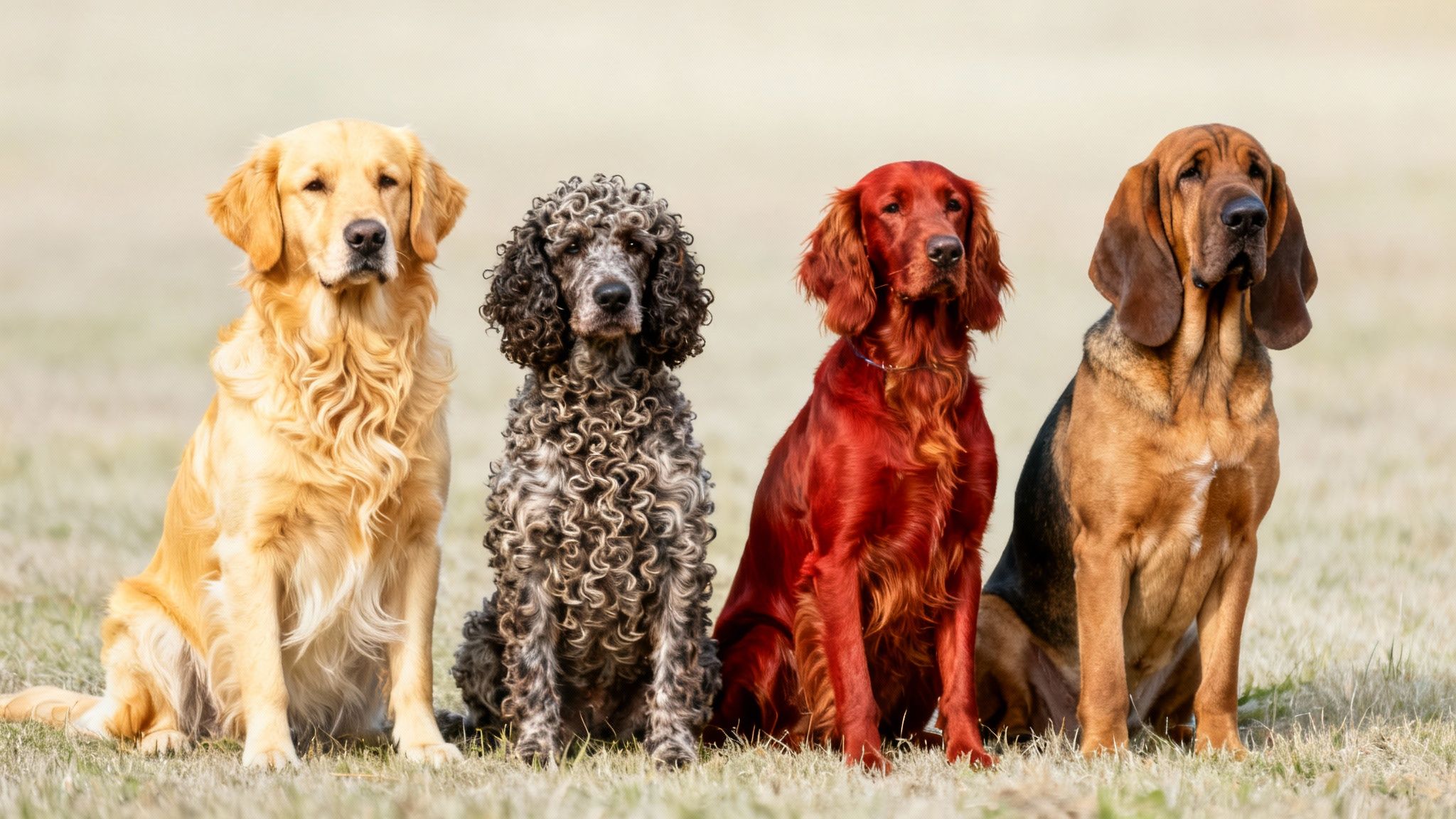 Four distinct dog breeds, a Golden Retriever, Poodle, Irish Setter, and Bloodhound, sit in a row.