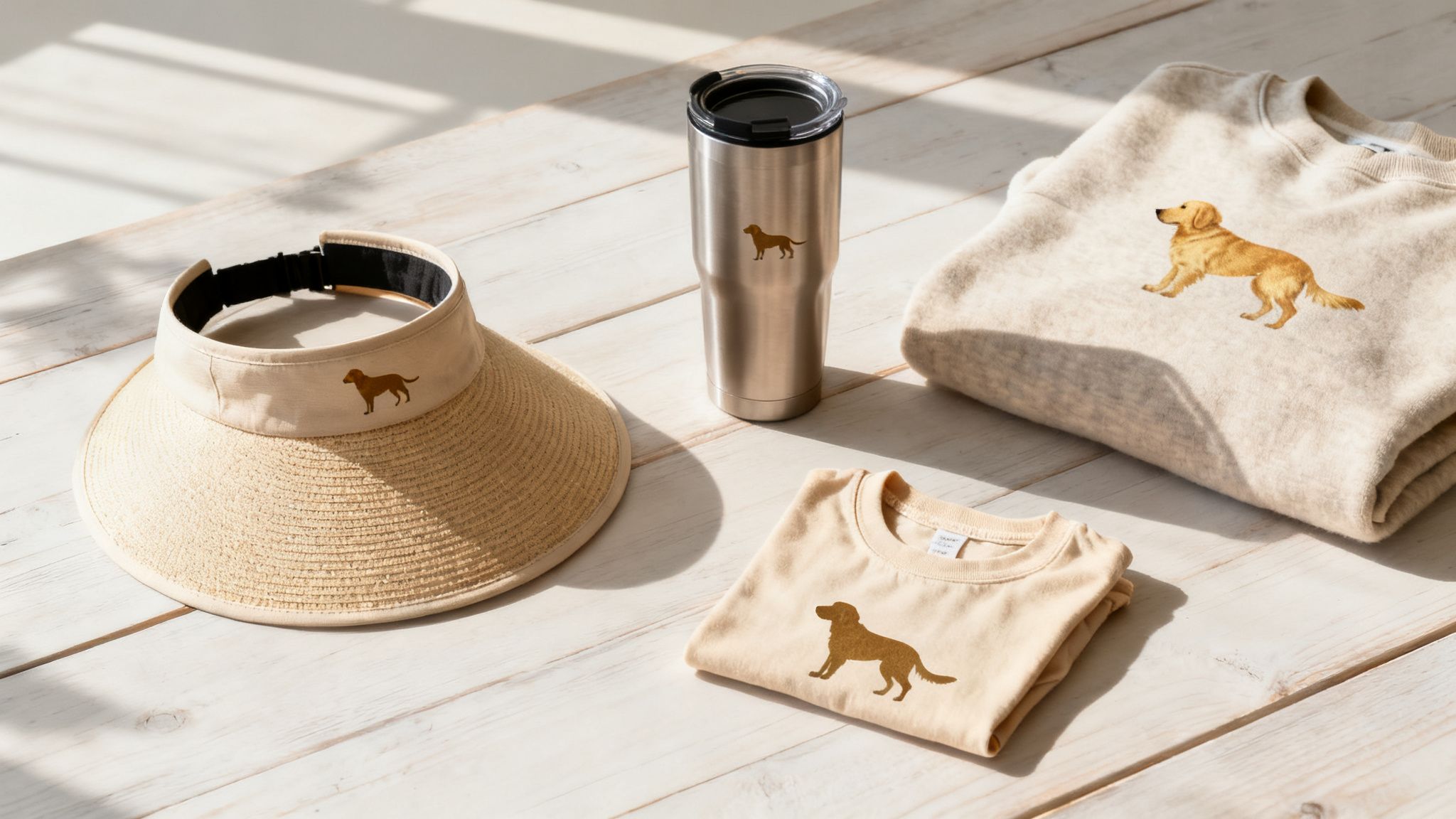 Golden retriever themed merchandise including a visor, tumbler, sweatshirt, and t-shirt on a wooden table.