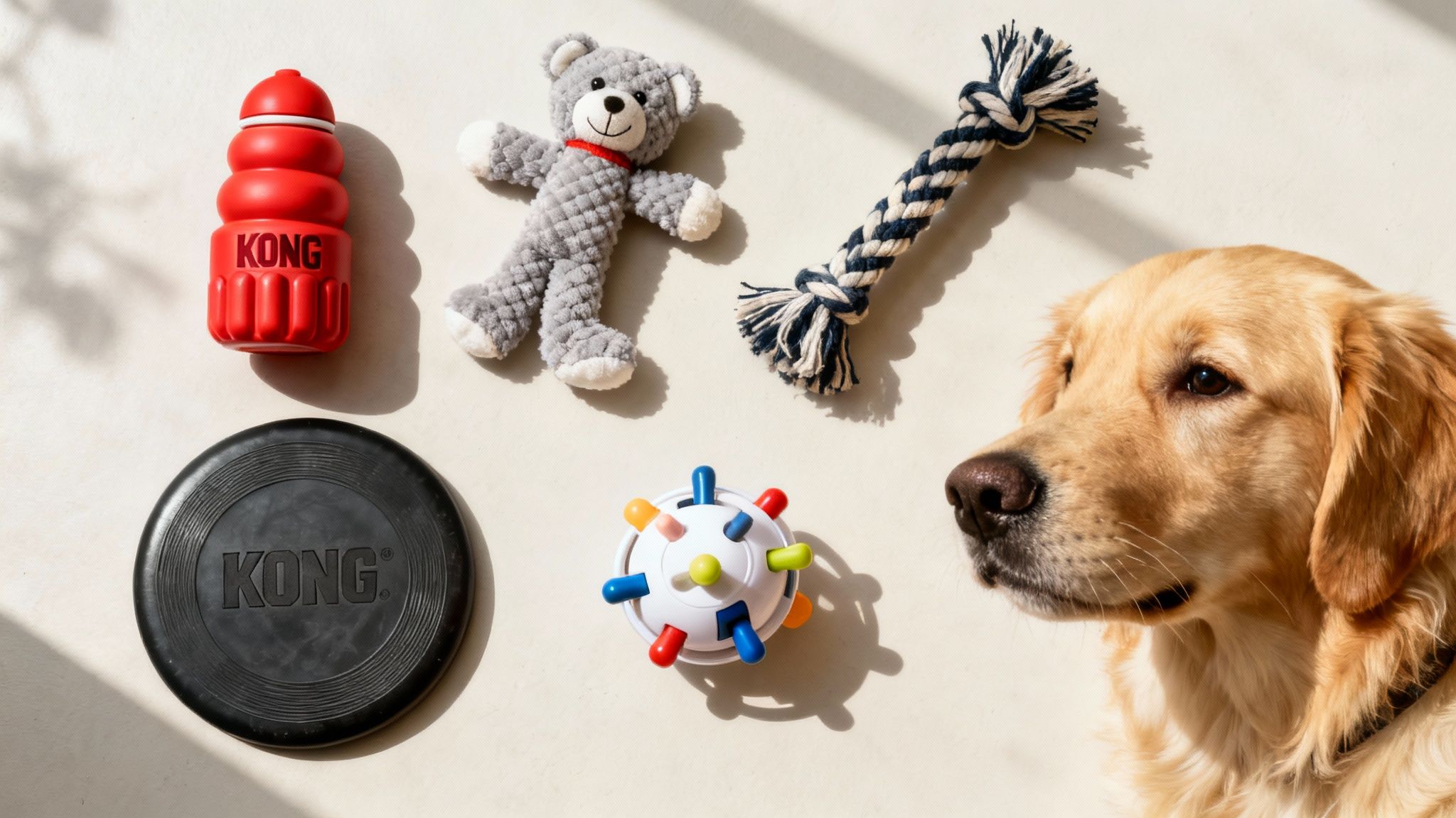 A Golden Retriever dog is surrounded by multiple colorful dog toys, including a KONG.