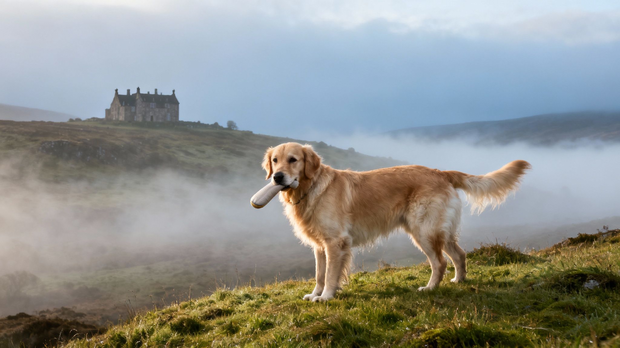 A golden retriever stands on a grassy, misty hill, holding a toy, with an old stone building in the distance.