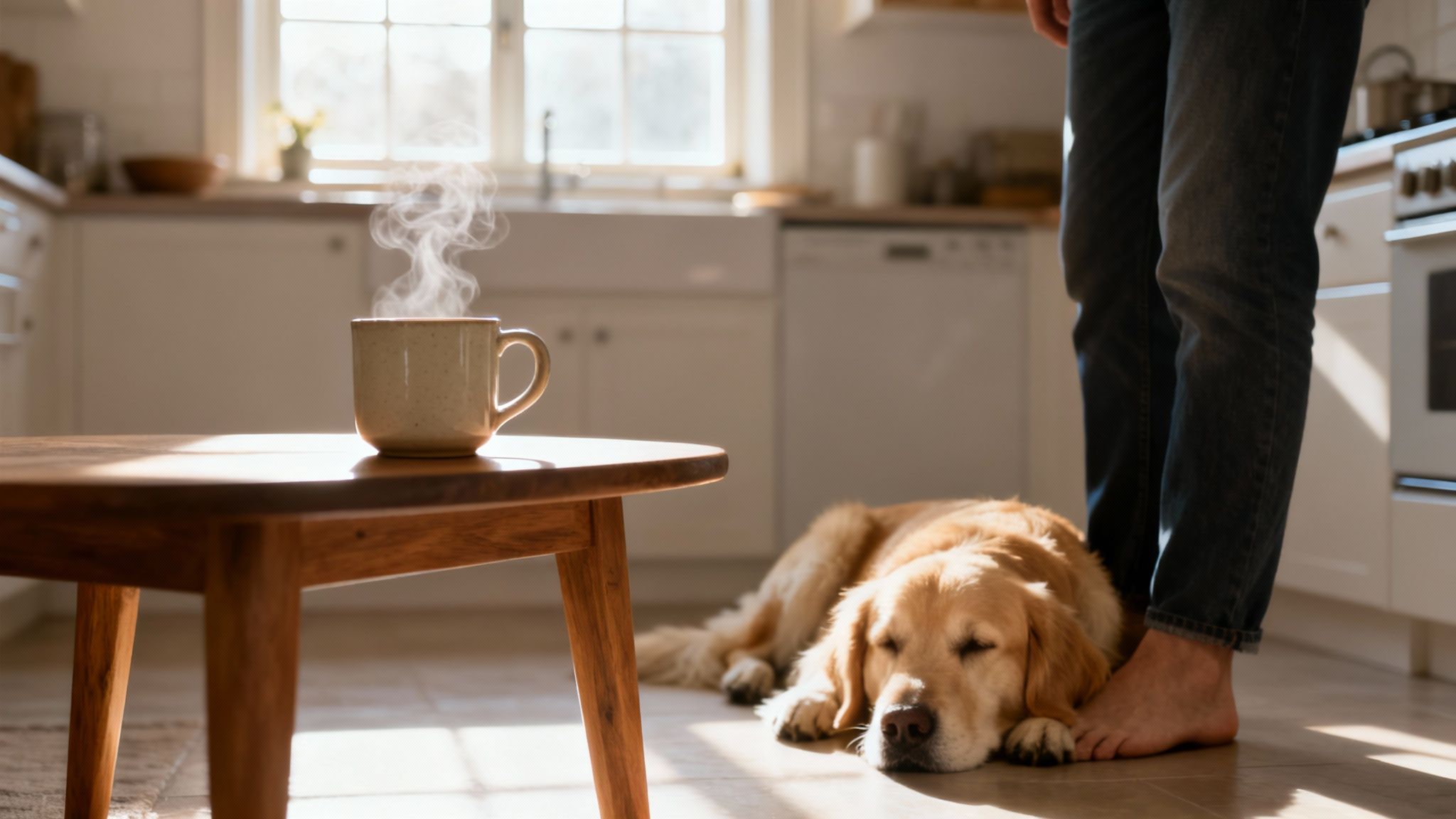 A person stands barefoot in a sunny kitchen, a sleeping golden retriever by their feet, with a steaming mug on a wooden table.