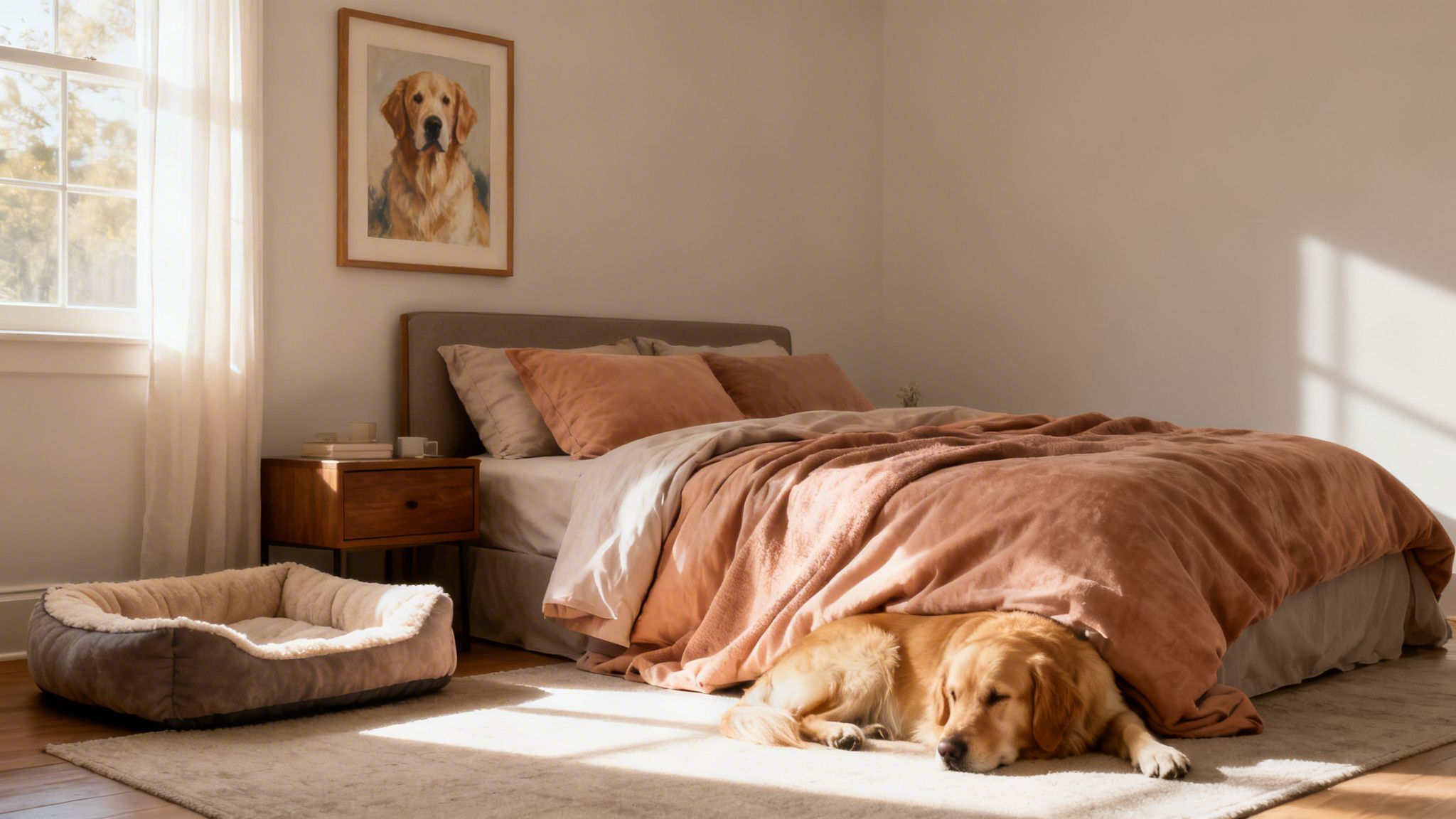 A golden retriever dog sleeps peacefully on a rug in a sunlit bedroom with a dog portrait.