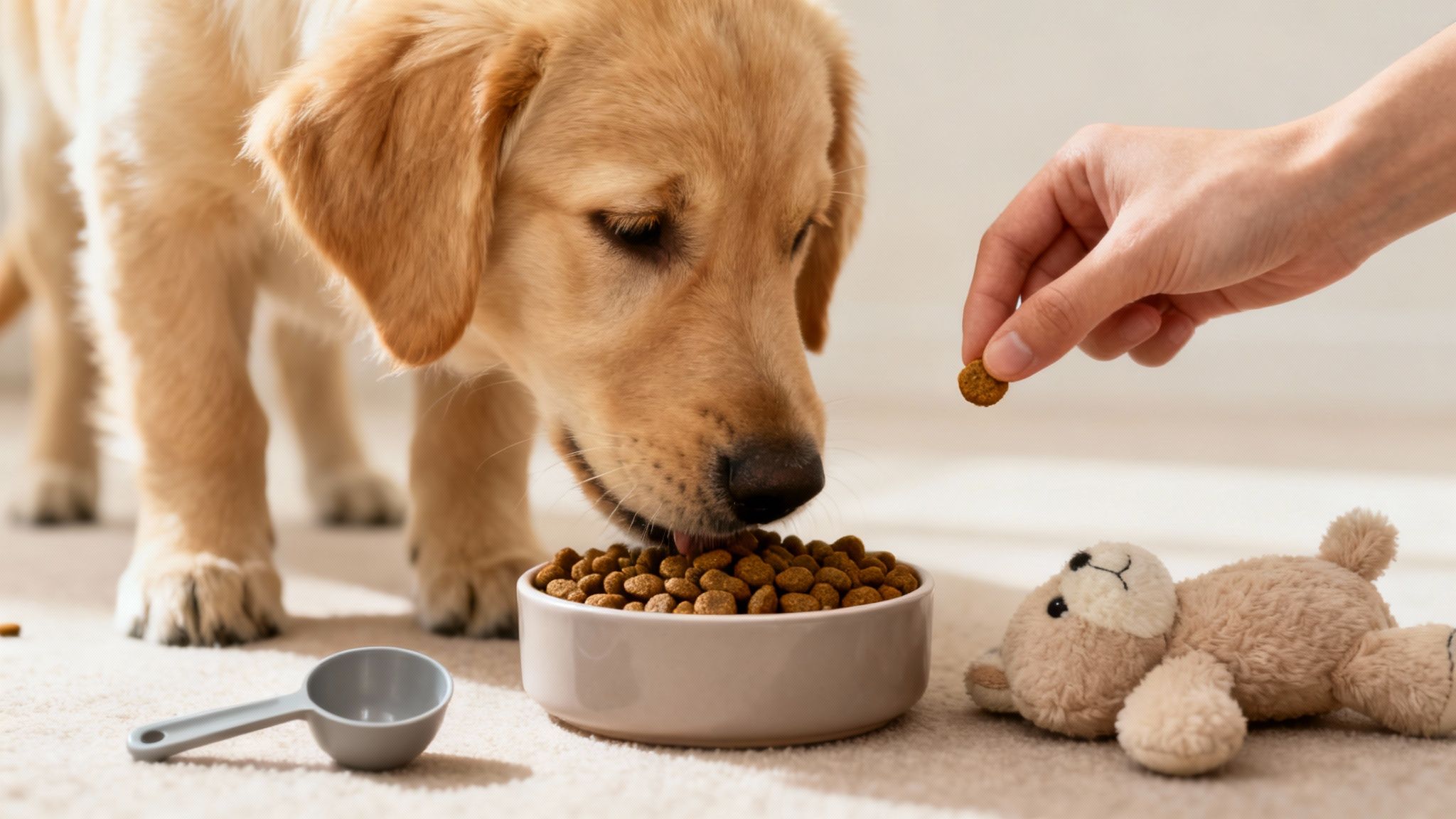 Golden retriever puppy eating dry food from a bowl, with a hand offering a treat.