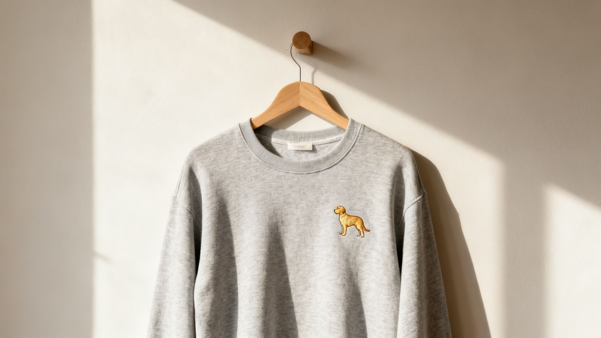 A light grey sweatshirt with a golden retriever embroidery hangs on a wooden wall hook.