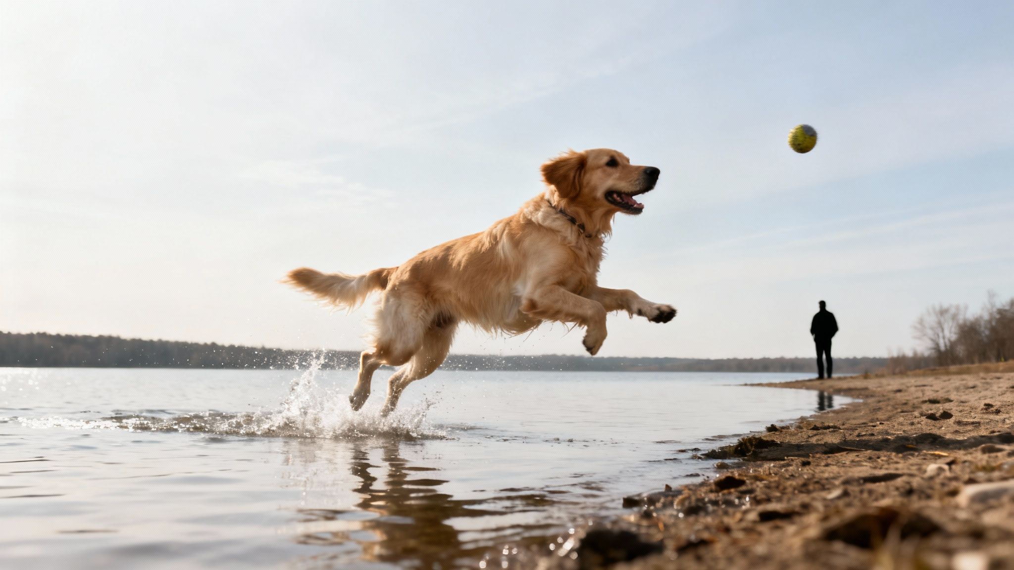 A happy golden retriever dog jumps from the water to catch a yellow ball.