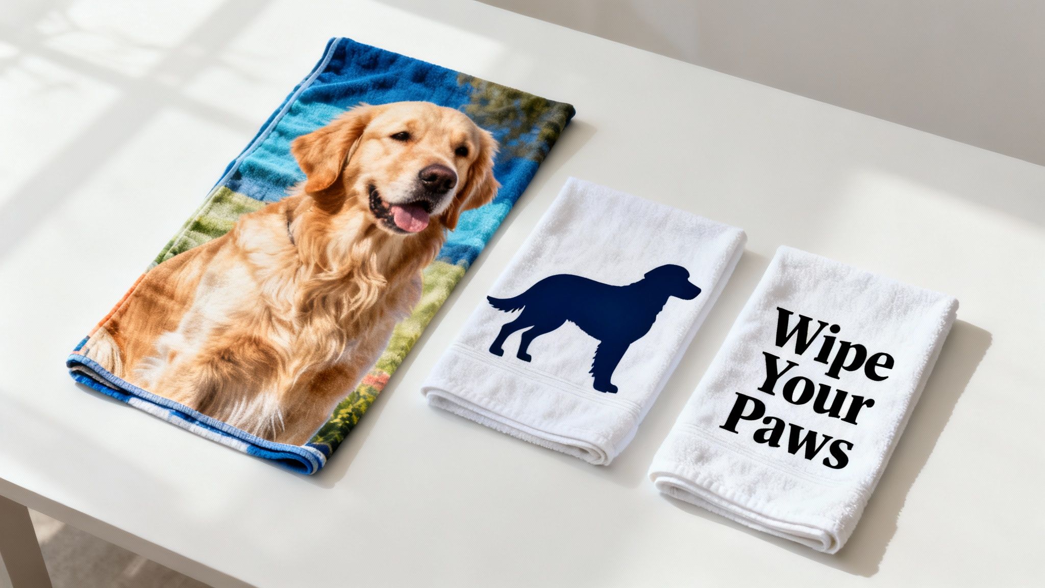 Three dog-themed towels, one with a golden retriever, one with a dog silhouette, and one saying 'Wipe Your Paws'.
