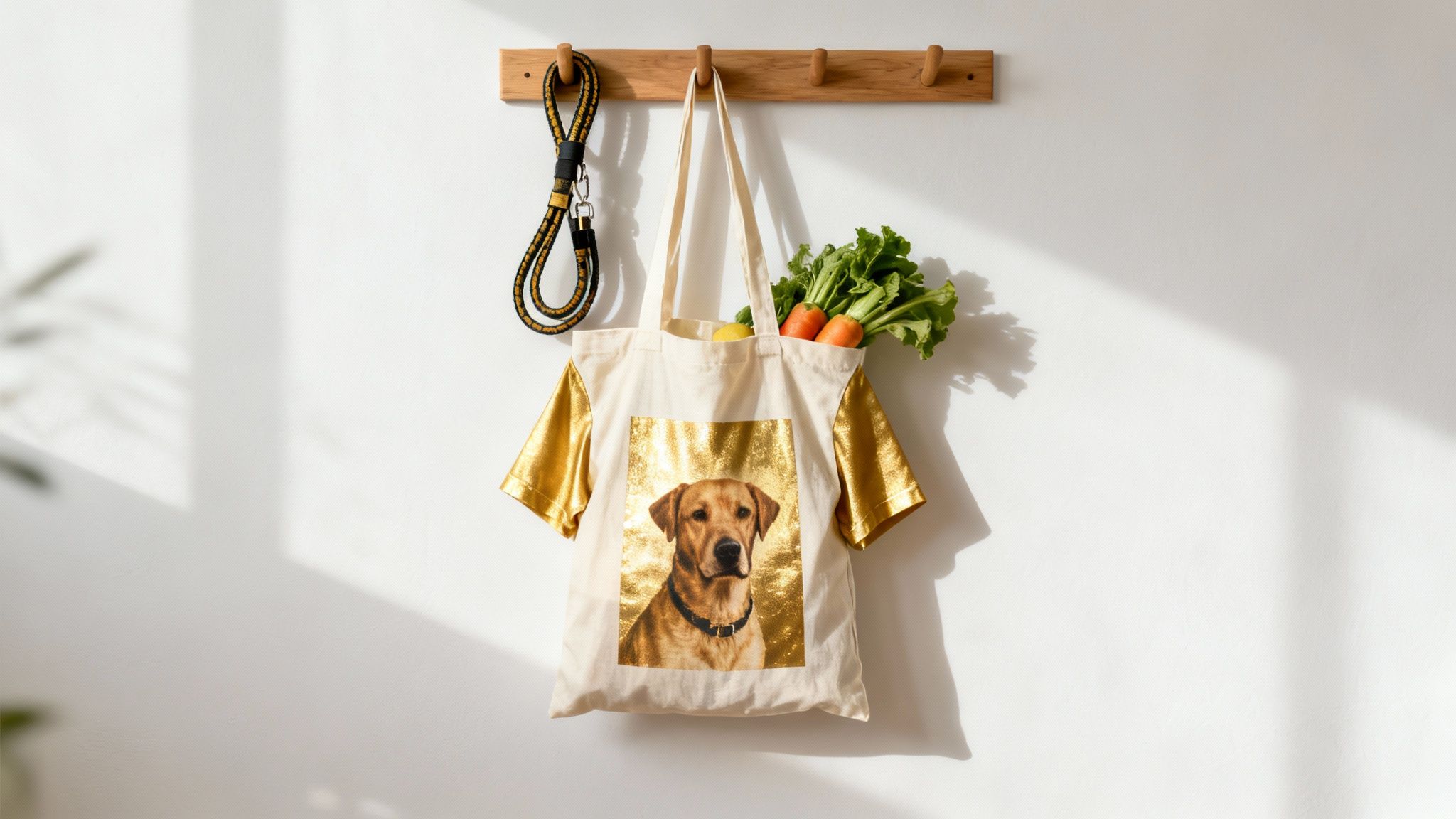 Custom tote bag with a golden retriever print and gold sleeves hangs on a wall rack.