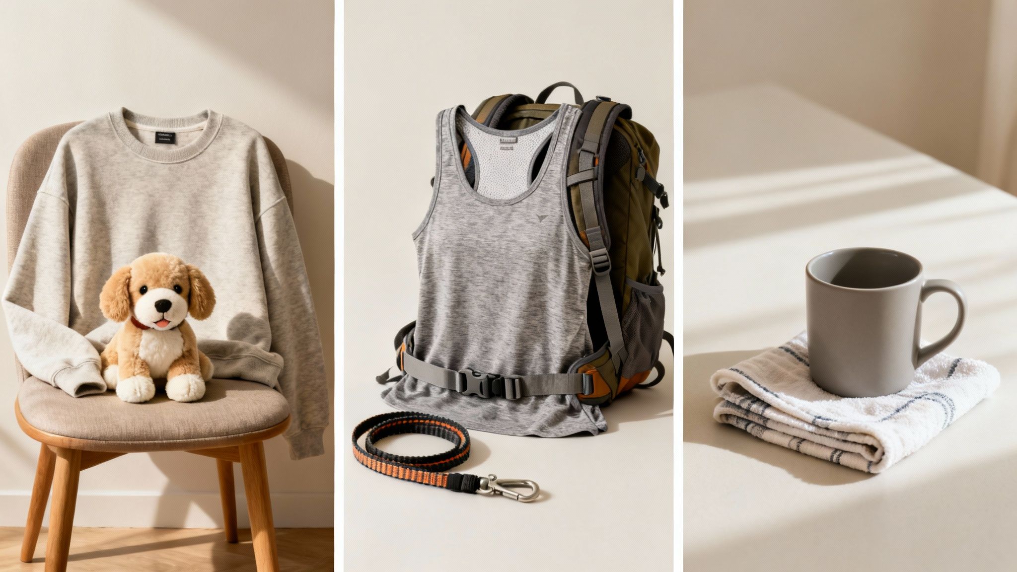 Three lifestyle photos featuring a puppy with a sweatshirt, a backpack with activewear, and a mug with a towel.