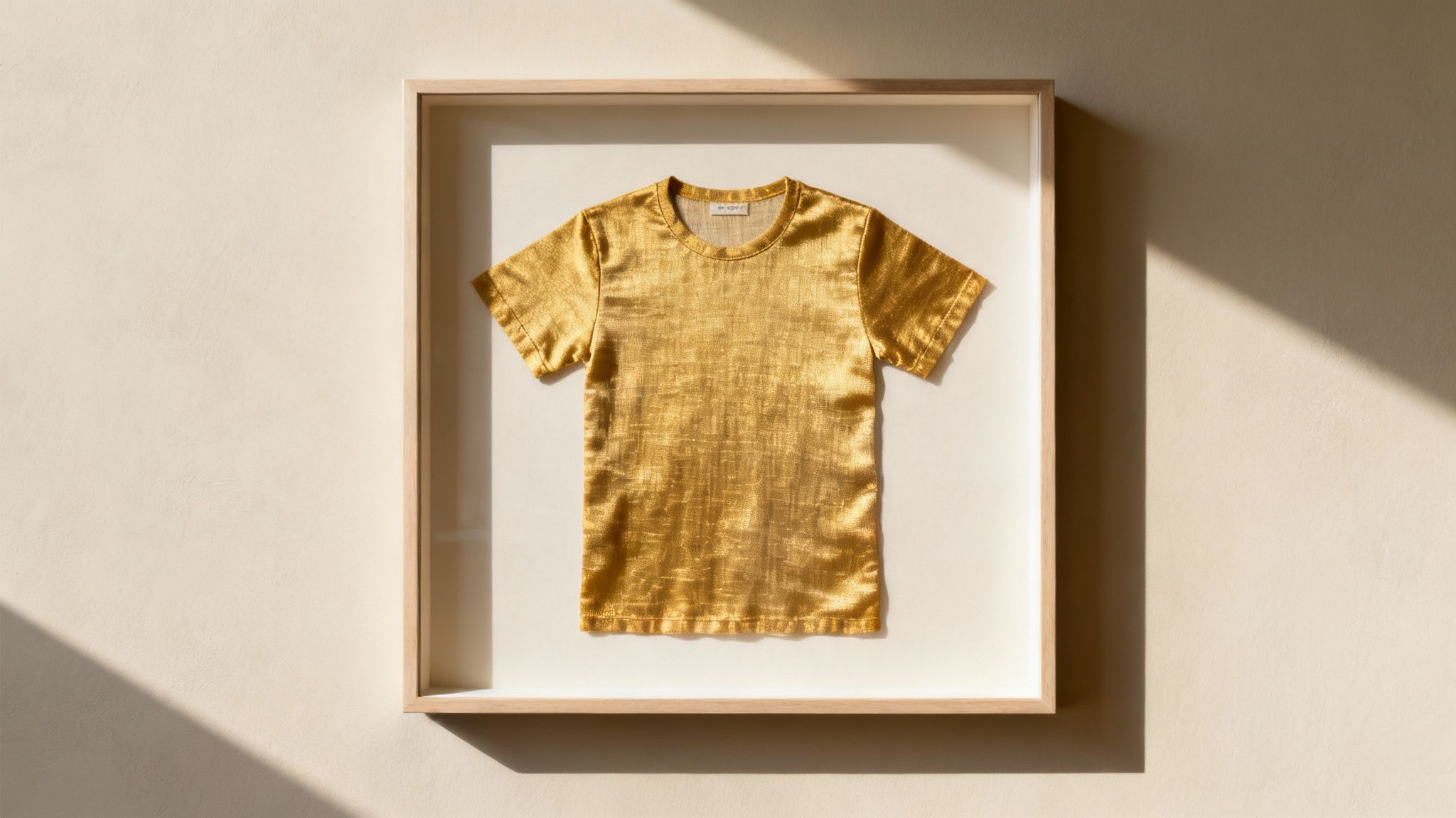 A shimmering golden t-shirt is artfully displayed in a wooden frame on a cream wall with sunlight.