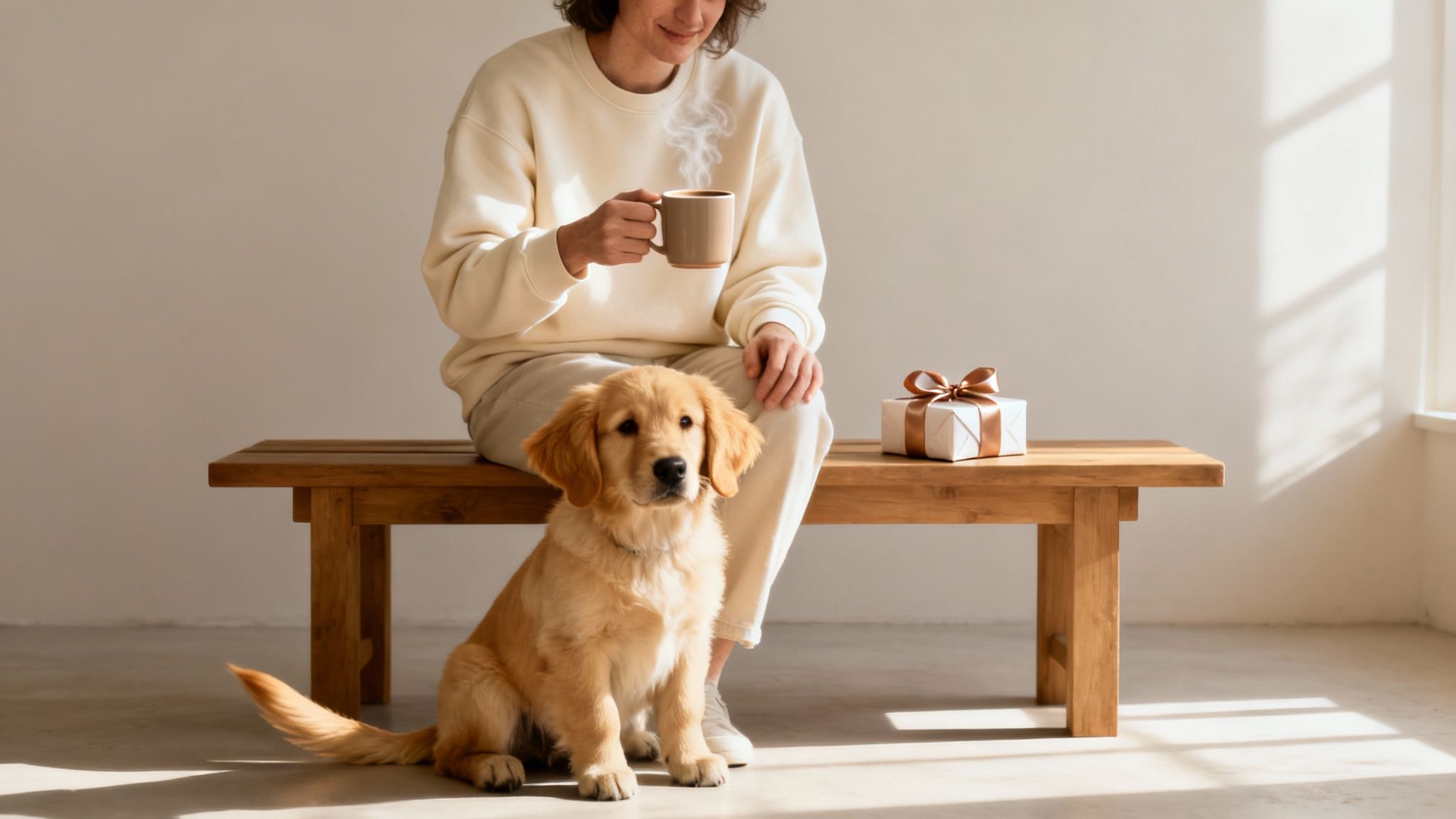 A person holding a steaming mug sits on a bench with a golden retriever puppy and a gift box.