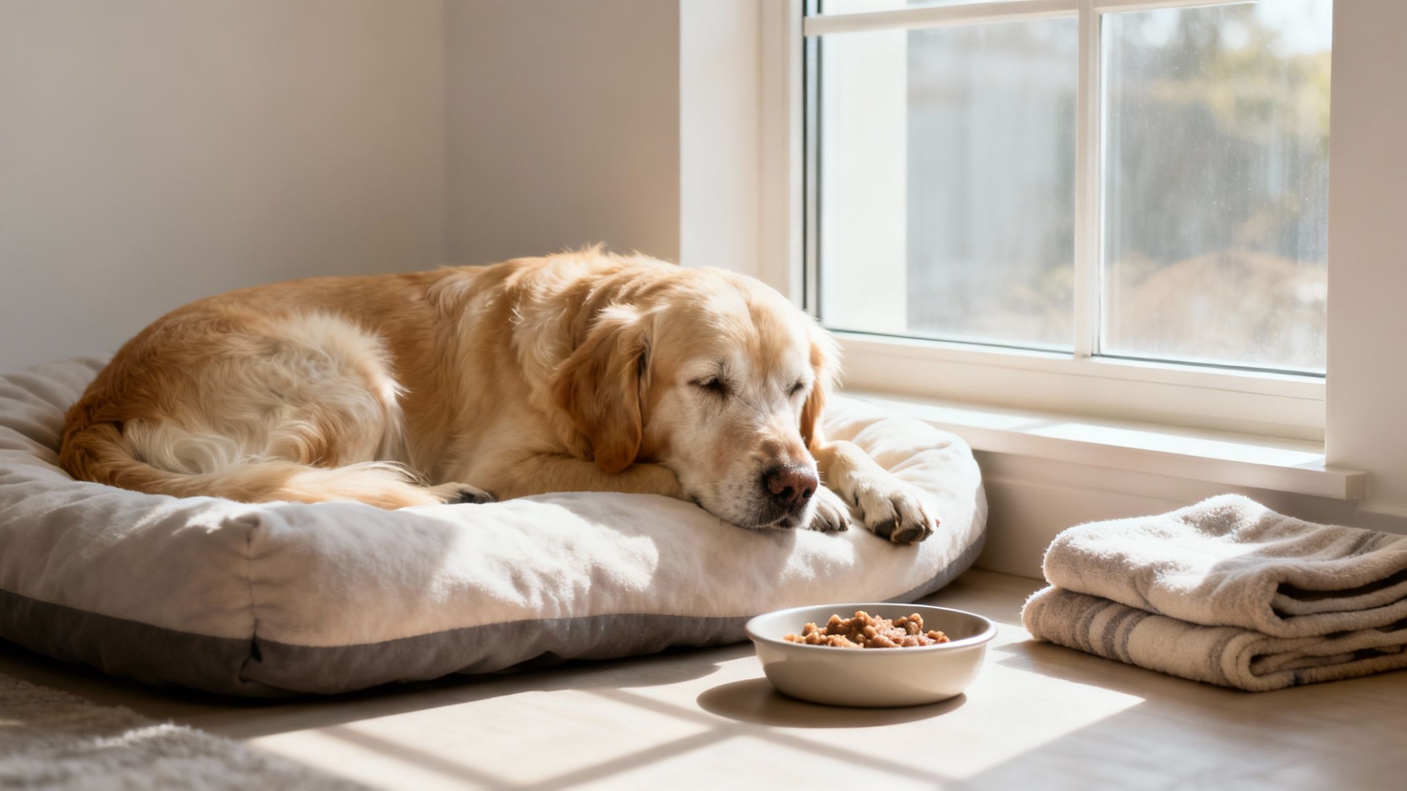 A golden retriever dog is sleeping peacefully on a comfortable bed by a sunlit window.