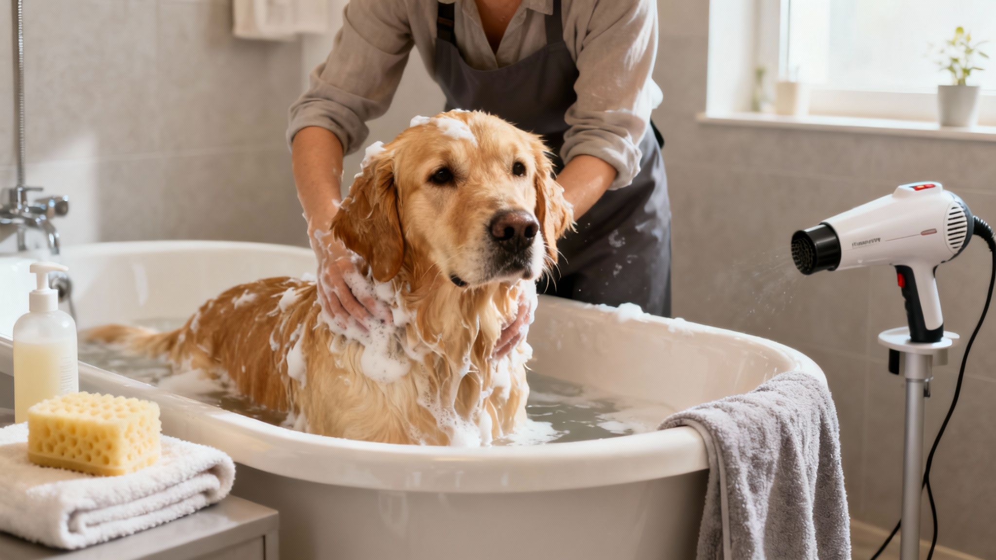 A person bathes a golden retriever dog in a tub, covered in soap, with a hairdryer nearby.