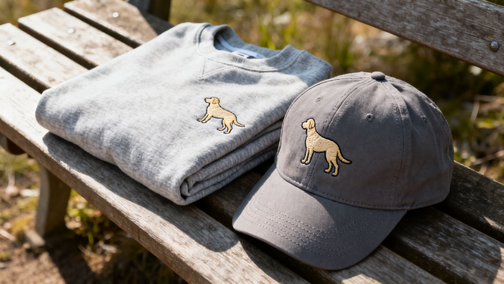 A grey sweatshirt and matching baseball cap, both featuring a golden retriever embroidery, on a wooden bench outdoors.