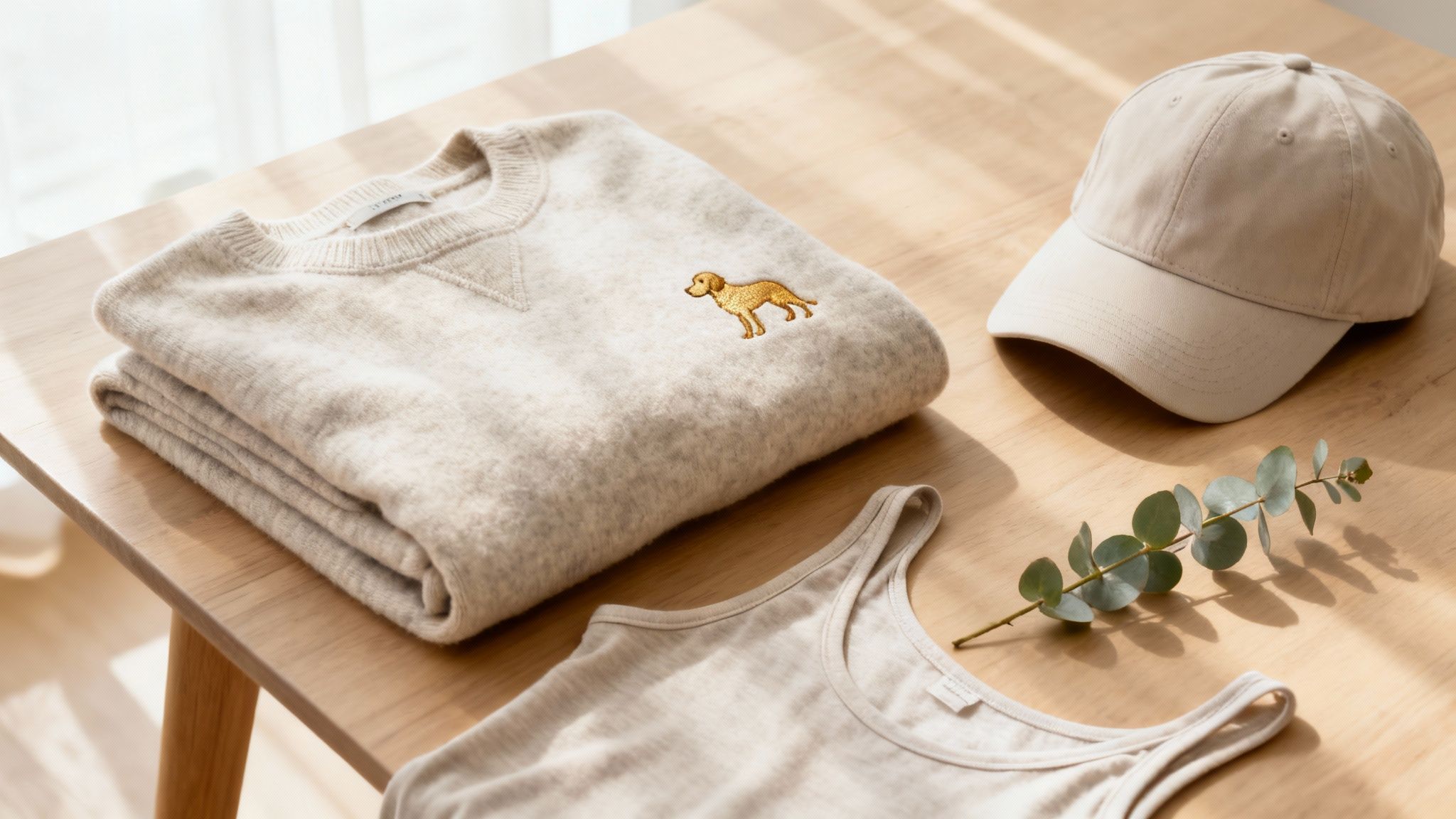 A cozy beige sweater with a golden retriever embroidery, a matching baseball cap, and a tank top on a wooden table.