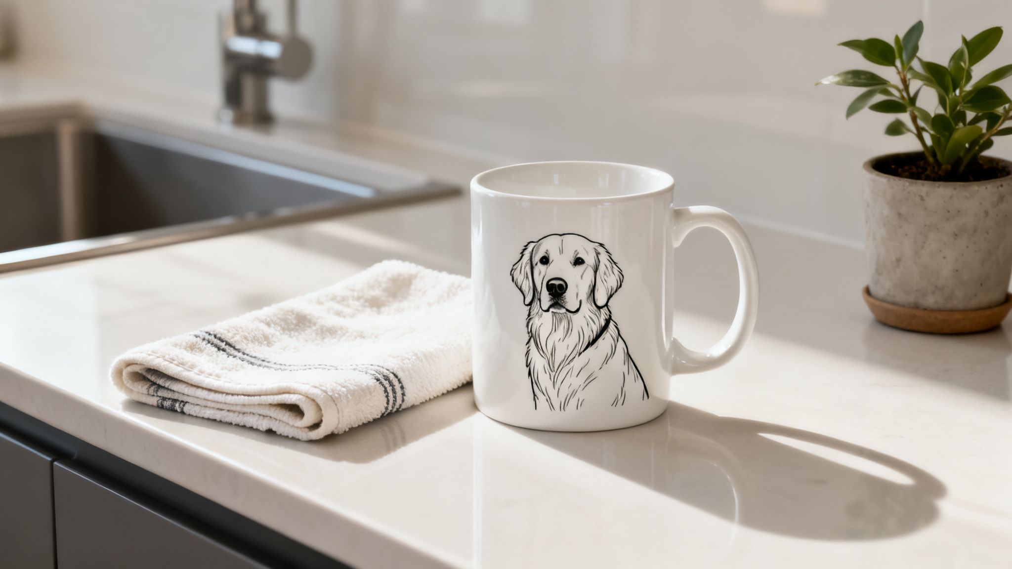 A white mug with a Golden Retriever drawing, a folded towel, and a plant on a bright kitchen counter.