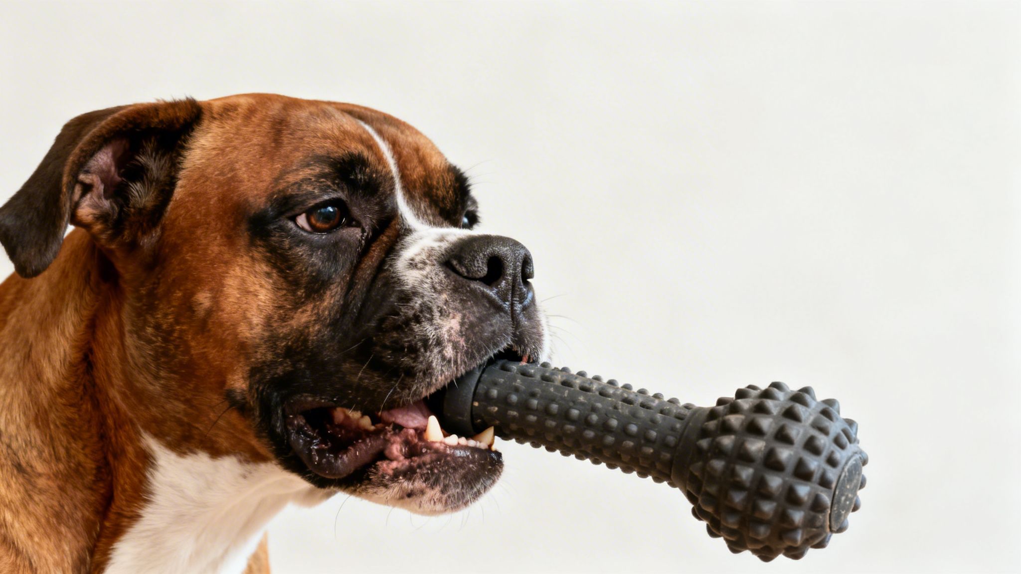 A brindle and white Boxer dog happily chews on a black spiked rubber toy, close-up.