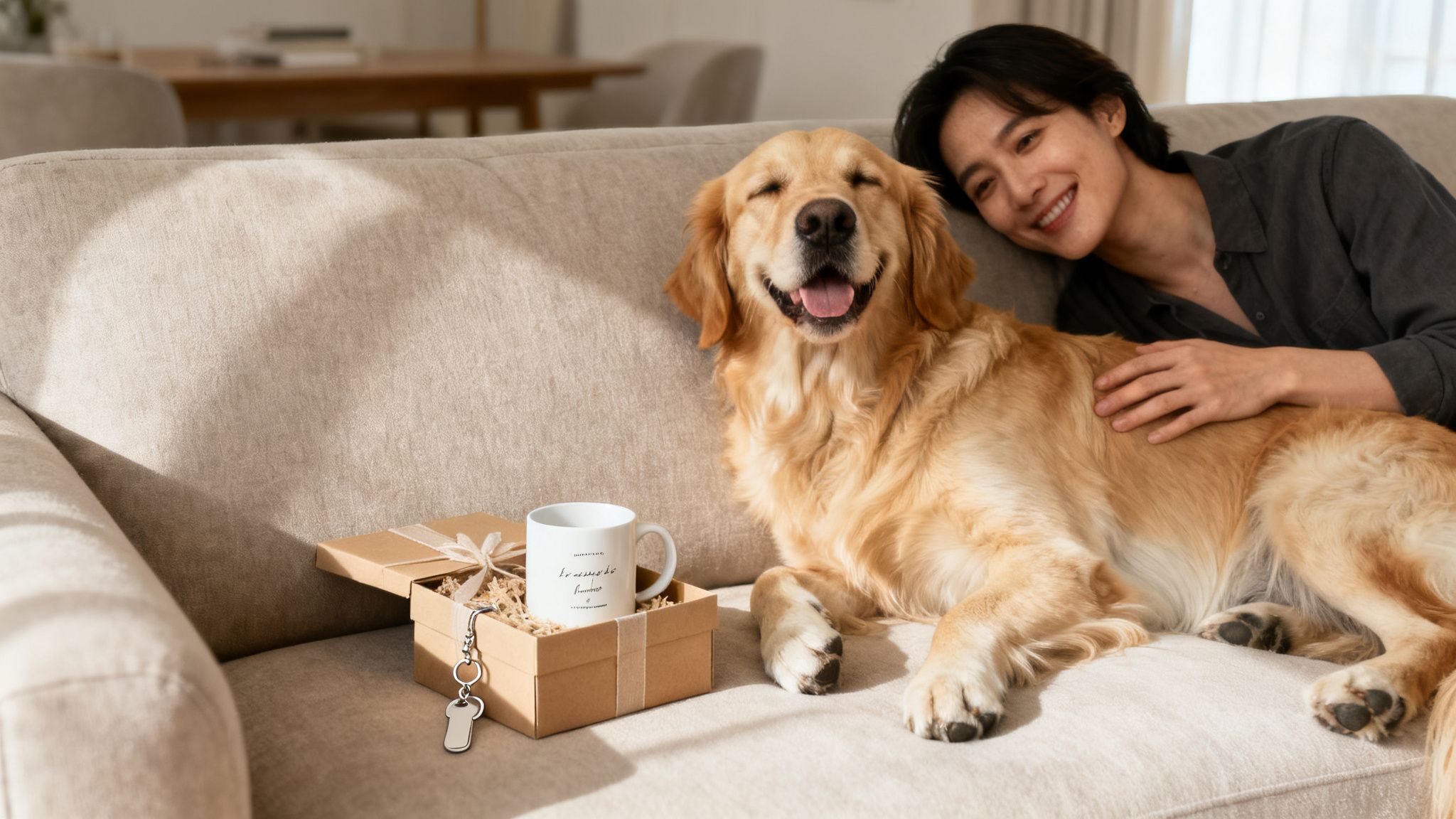 Smiling person with a happy golden retriever dog and a gift box on a cozy couch.