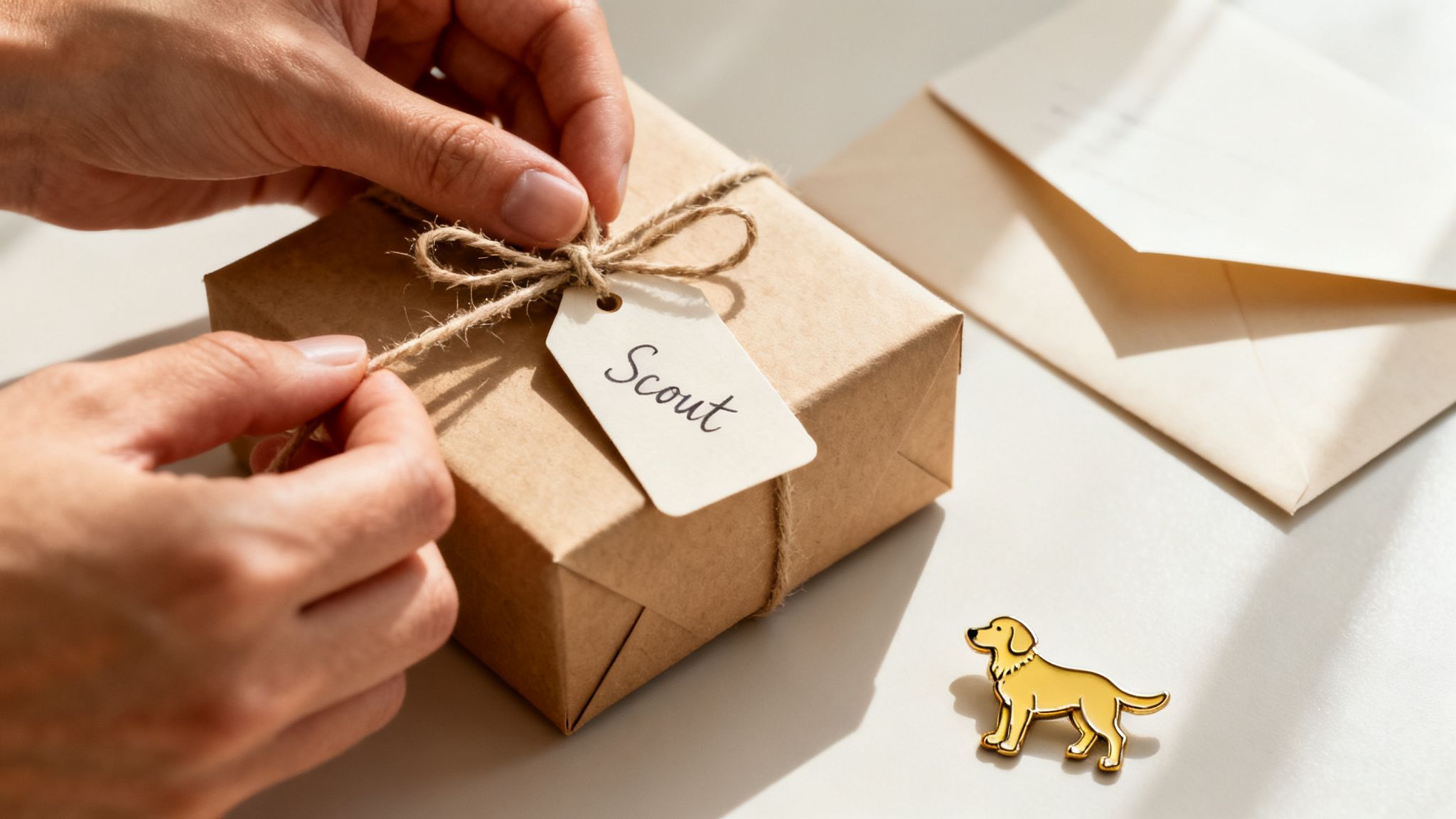 Hands tying a twine bow on a brown gift box with a 'Scout' tag and golden retriever pin.